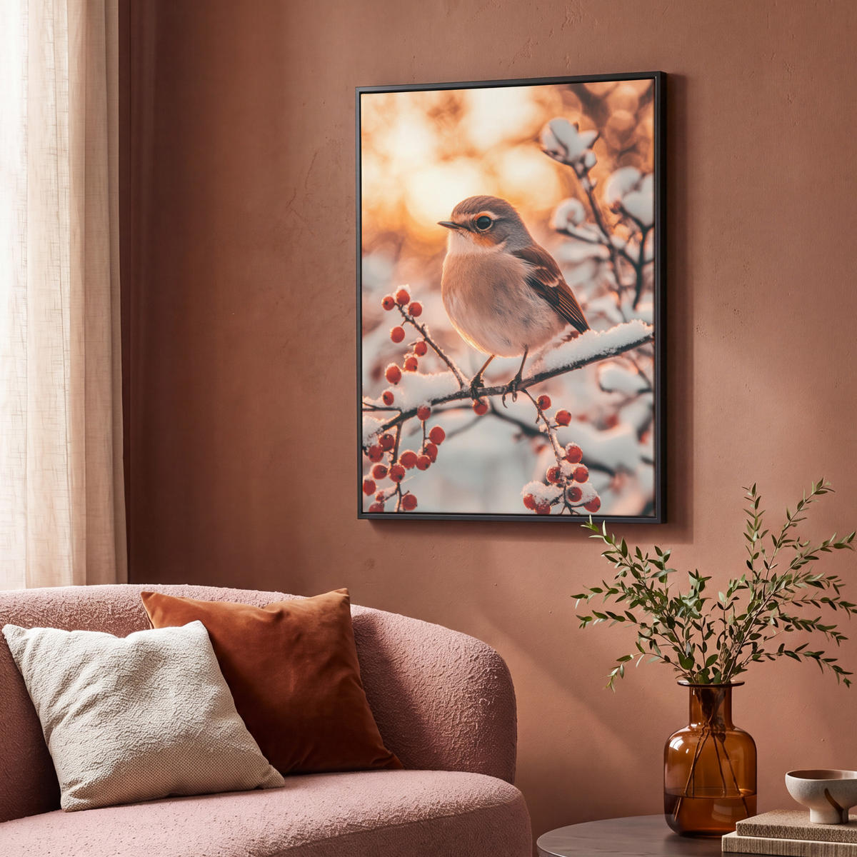 LEINWAND Bilder mit Rahmen - Vogel - Zweig - Winter - Tiere - Schnee - 70x100 - Bernsteinfarben, Textil (70/100cm) - MuchoWow
