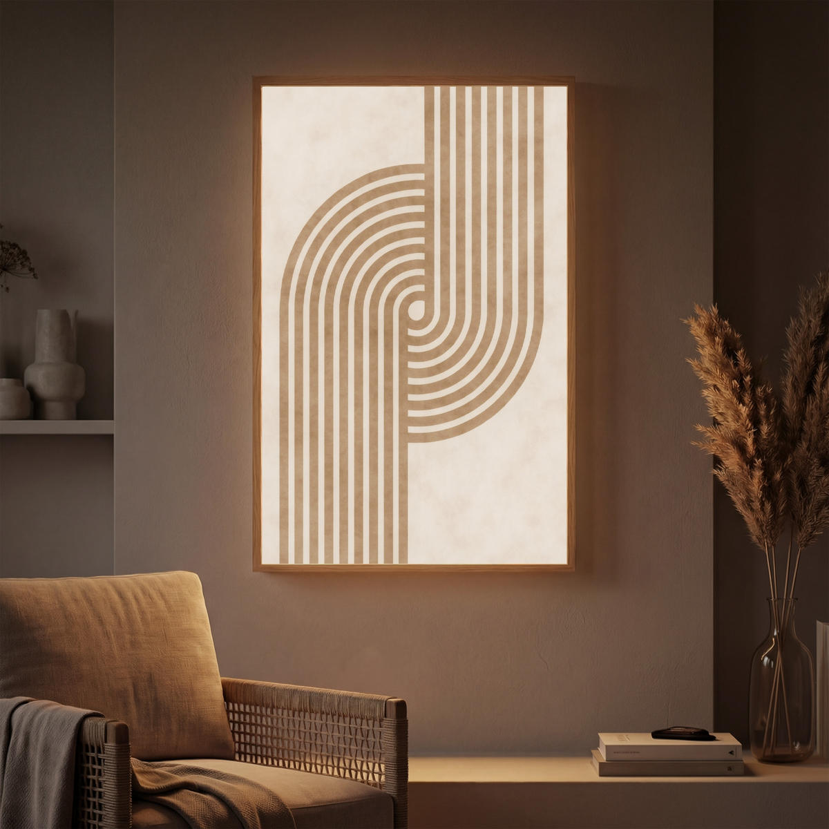 NÁSTĚNNÁ LAMPA S AKUMULÁTOREM Symetrický ohyb - měděná barva 60x90 cm - béžová, kompozitní dřevo (60/90/8cm) - OnlyWow