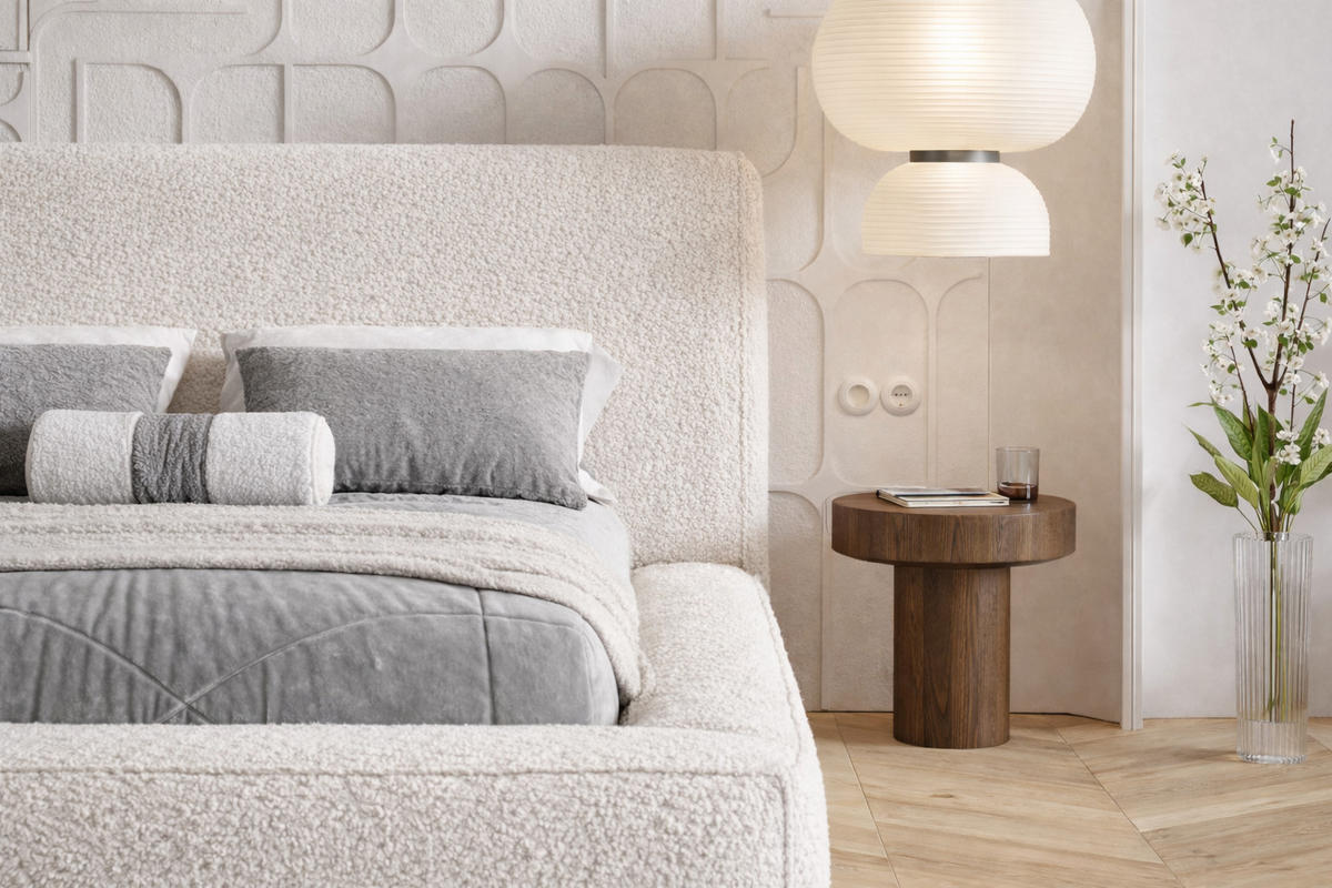 POLSTERBETT Boucle 180x200 Karano, Dicker Schaum, Bettkasten, Creme - Creme, Holz/Textil (180/200cm) - Emporius