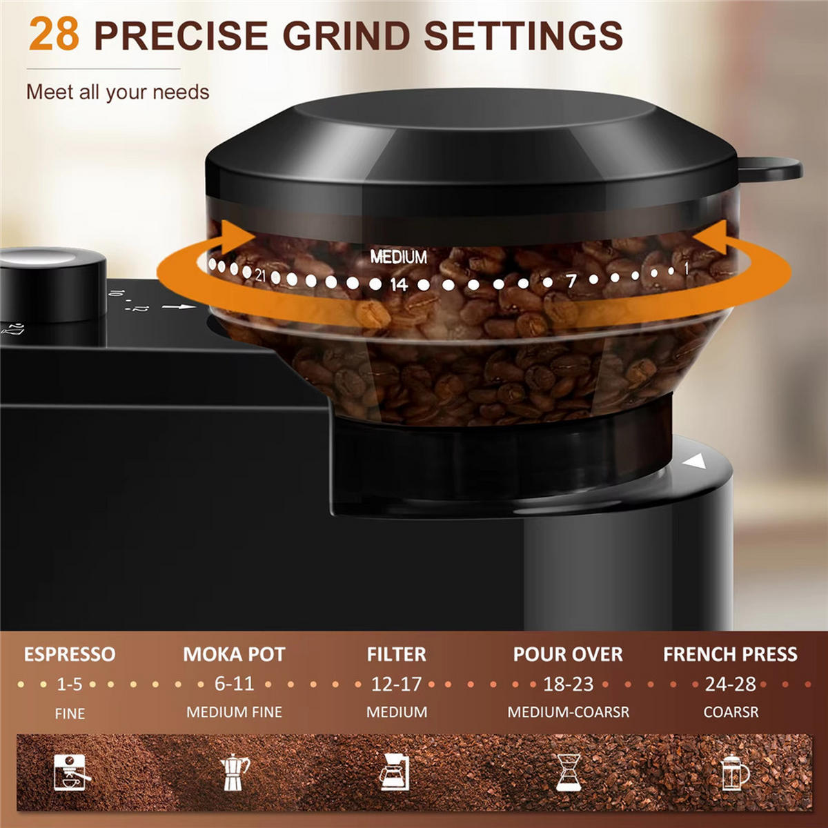 KAFFEEMÜHLE Elektrisch 28 Mahlgrade Espresso French Press - Schwarz, Kunststoff (8.89/19.56/25cm) - Bextcok