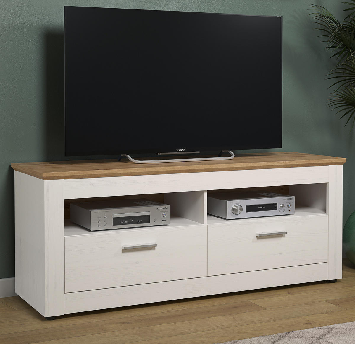 TV-LOWBOARD Pinie weiß, Eiche Artisan Landhaus 148 x 59 cm, Fernsehtisch in Komforthöhe - Silberfarben/Schwarz, Holzwerkstoff/Kunststoff (148/59/45cm) - Top.Furn