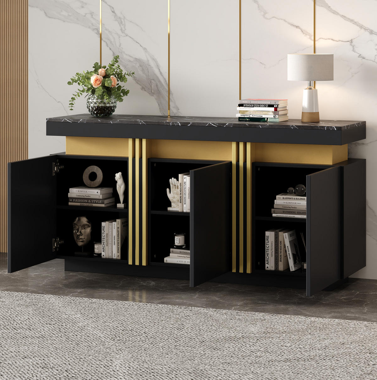 SIDEBOARD aus Spanplatte 140/38/70 cm mit 3 Türen und verstellbaren Einlegeböden, Schwarz/Gold - Schwarz, Holzwerkstoff (140/70/38cm) - Redom