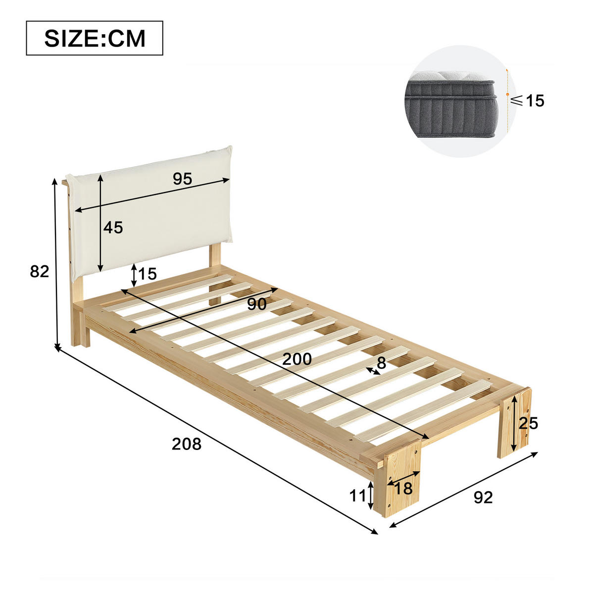 POLSTERBETT 90/200 cm natur aus Holz mit gepolsterter Rückenlehne - Naturfarben, Textil (90/200cm) - OKWISH