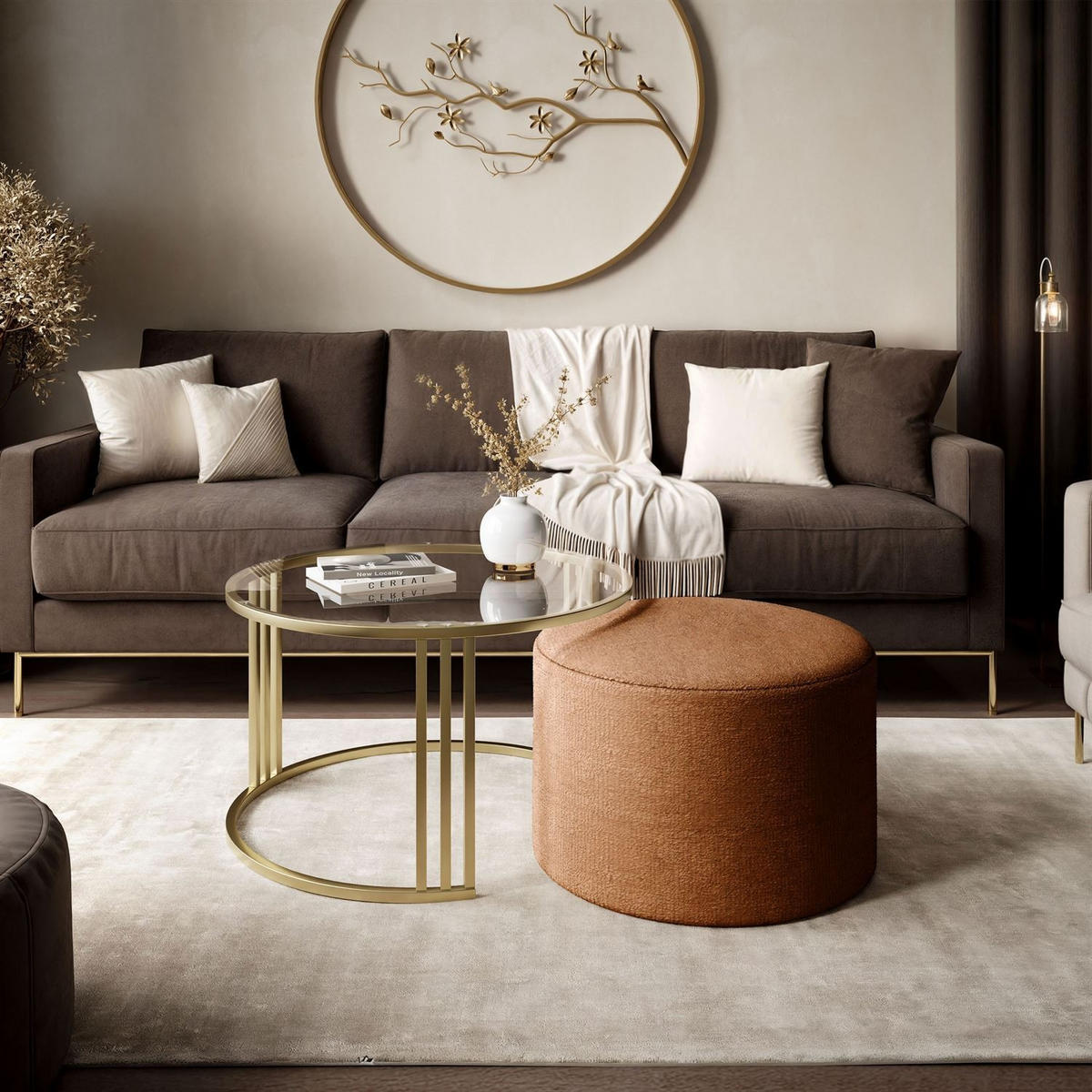 COUCHTISCH mit Hocker LORI GLASS gebürstetes Gold/transparentes Glas/Perfect Harmony 52 - Transparent, Metall (70/70/49cm) - Lookway