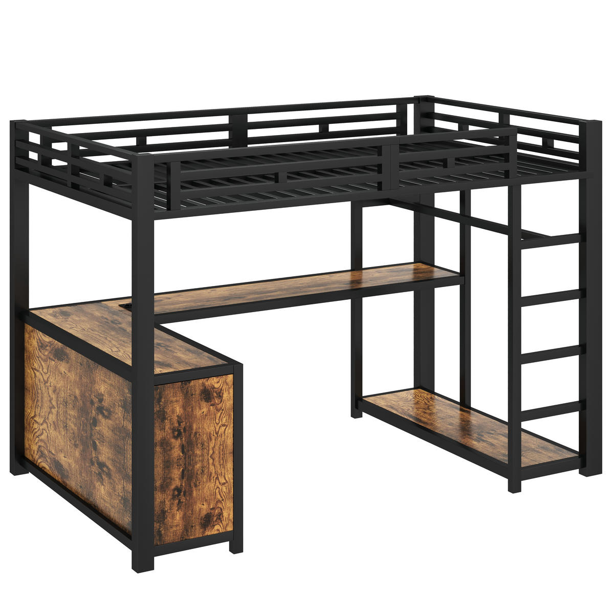 HOCHBETT 140/200 cm in Schwarz mit Schreibtisch, LED und Stauraum - Schwarz, Holzwerkstoff/Metall (140/200cm) - WISHDOR
