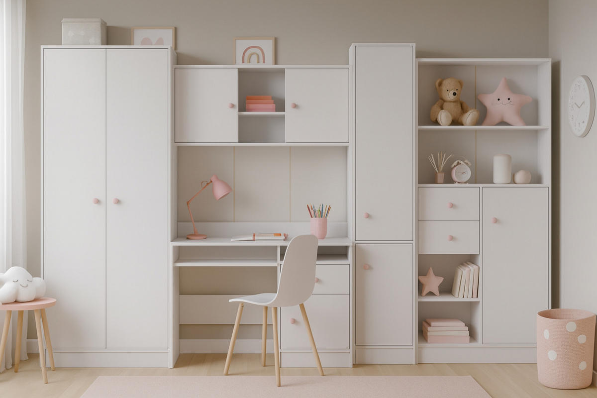 KINDERZIMMER OSCAR Korpus Weiß | Griffe Rosa - Rosa/Weiß, Holzwerkstoff (300/196/52cm) - Deine Möbel 24