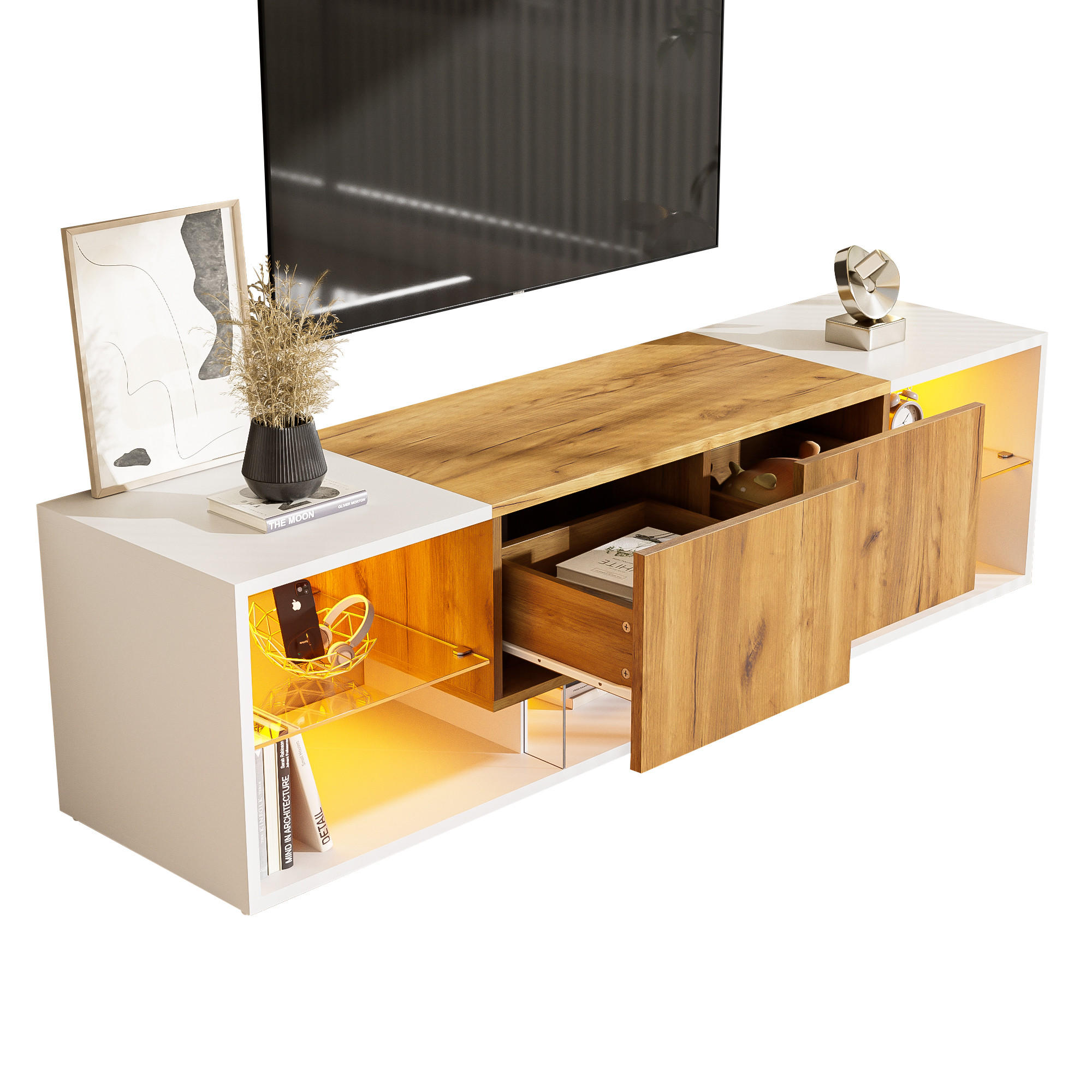 TV-SCHRANK in Weiß/Eicheoptik mit LED und 2 Schubladen 160/40/42 cm - Weiß, Holzwerkstoff (160/42/40cm) - Redom