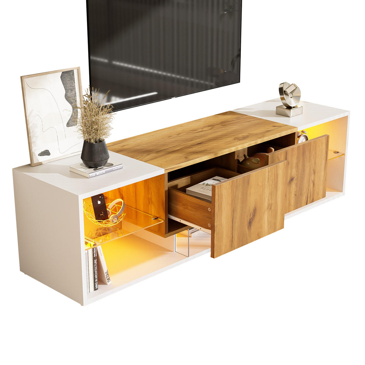 TV-SCHRANK in Weiß/Eicheoptik mit LED und 2 Schubladen 160/40/42 cm - Weiß, Holzwerkstoff (160/42/40cm) - Redom