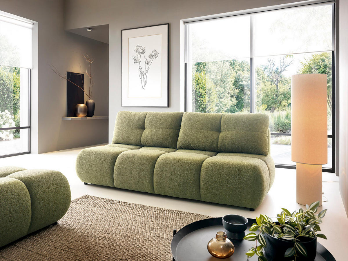 BETTSOFA CORSO Grün Bucle-Stoff mit Schlaffunktion - Grün, Holz (214/89/104cm) - MASSENO