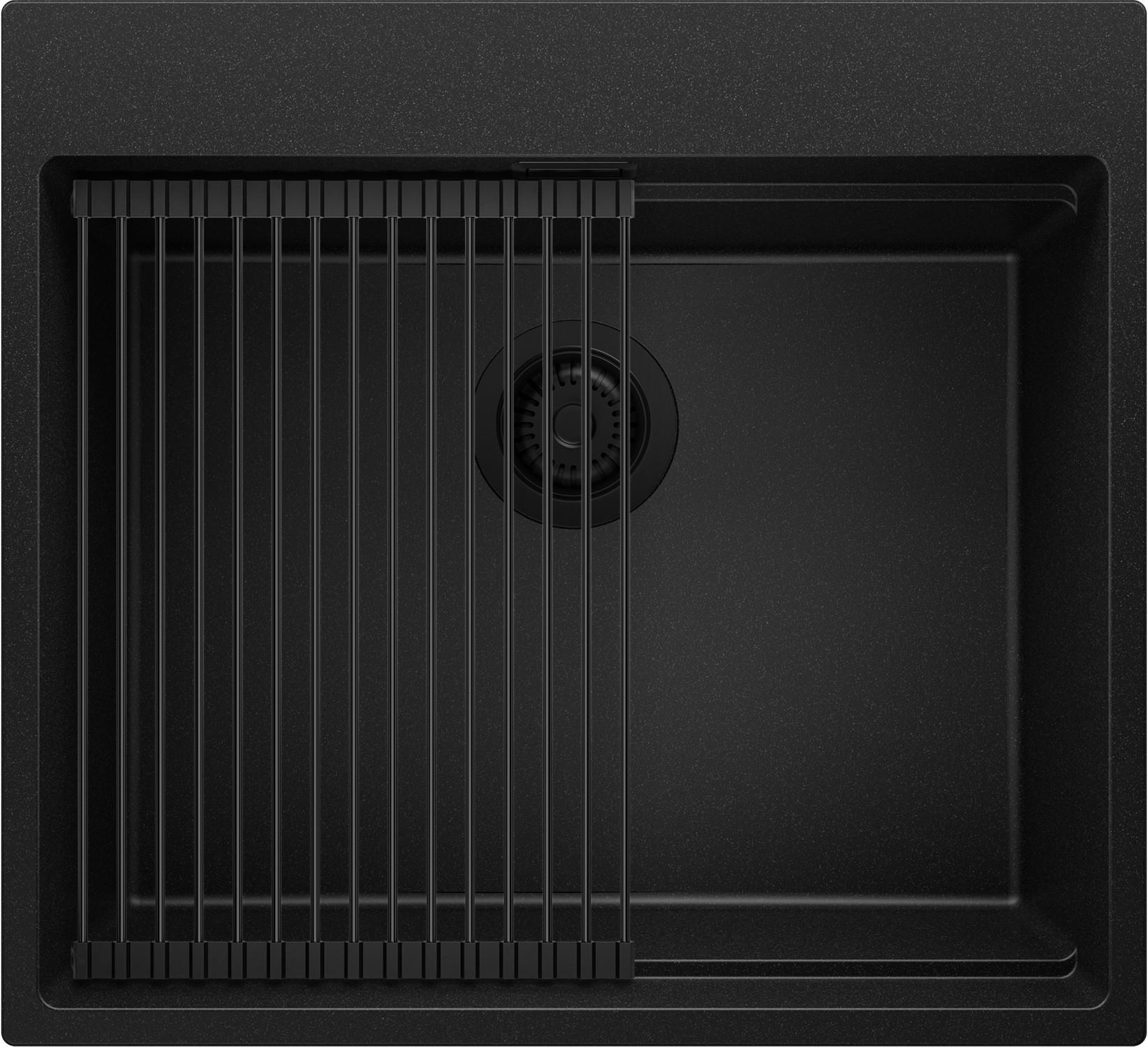 SPÜLBECKEN Oslo Max, 2-er set Alles Schwarz 58/53 cm 1 Becken + Ablauf-Set + Aufrollbare Abtropffläche ab 60er Unterschrank - Schwarz, Kunststoff (58/20/53cm) - Primagran