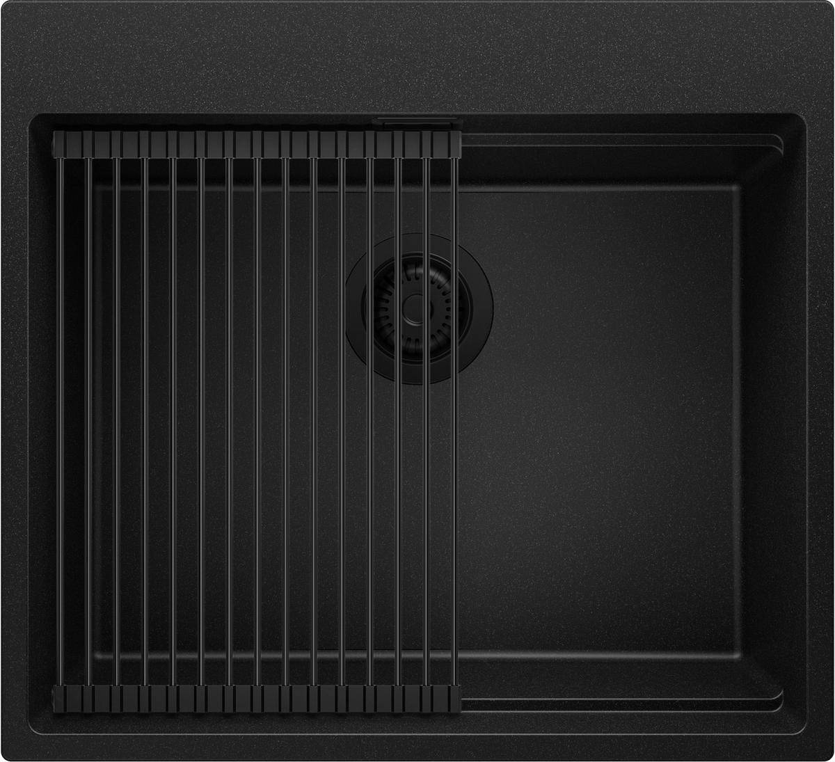 SPÜLBECKEN Oslo Max, 2-er set Alles Schwarz 58/53 cm 1 Becken + Ablauf-Set + Aufrollbare Abtropffläche ab 60er Unterschrank - Schwarz, Kunststoff (58/20/53cm) - Primagran