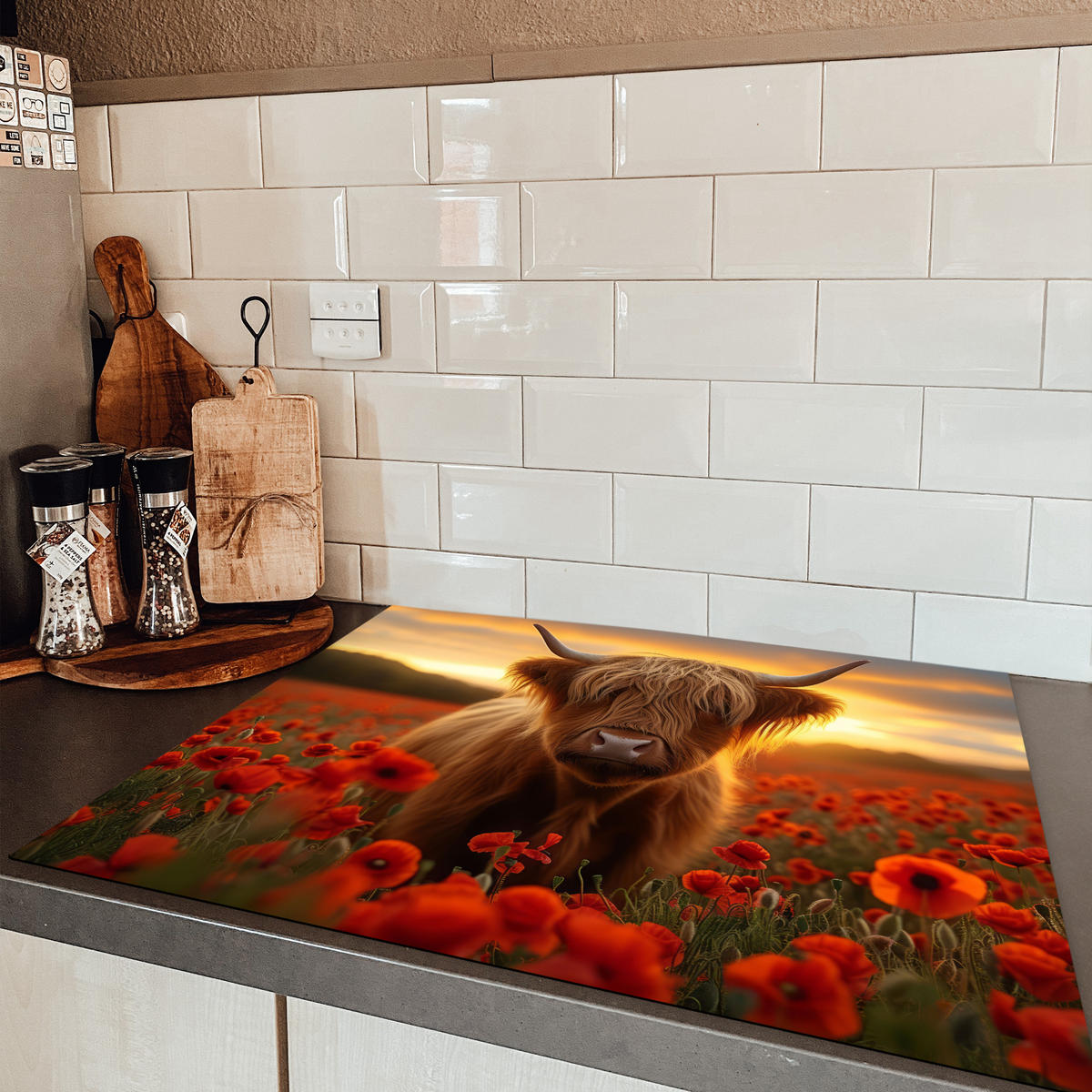 HERDABDECKPLATTE Schottische Highlander - Rosen - Blumenfeld - Sonnenuntergang Induktionsmatte 77x59 cm - Rotbraun, Kunststoff (77/59/0.2cm) - MuchoWow