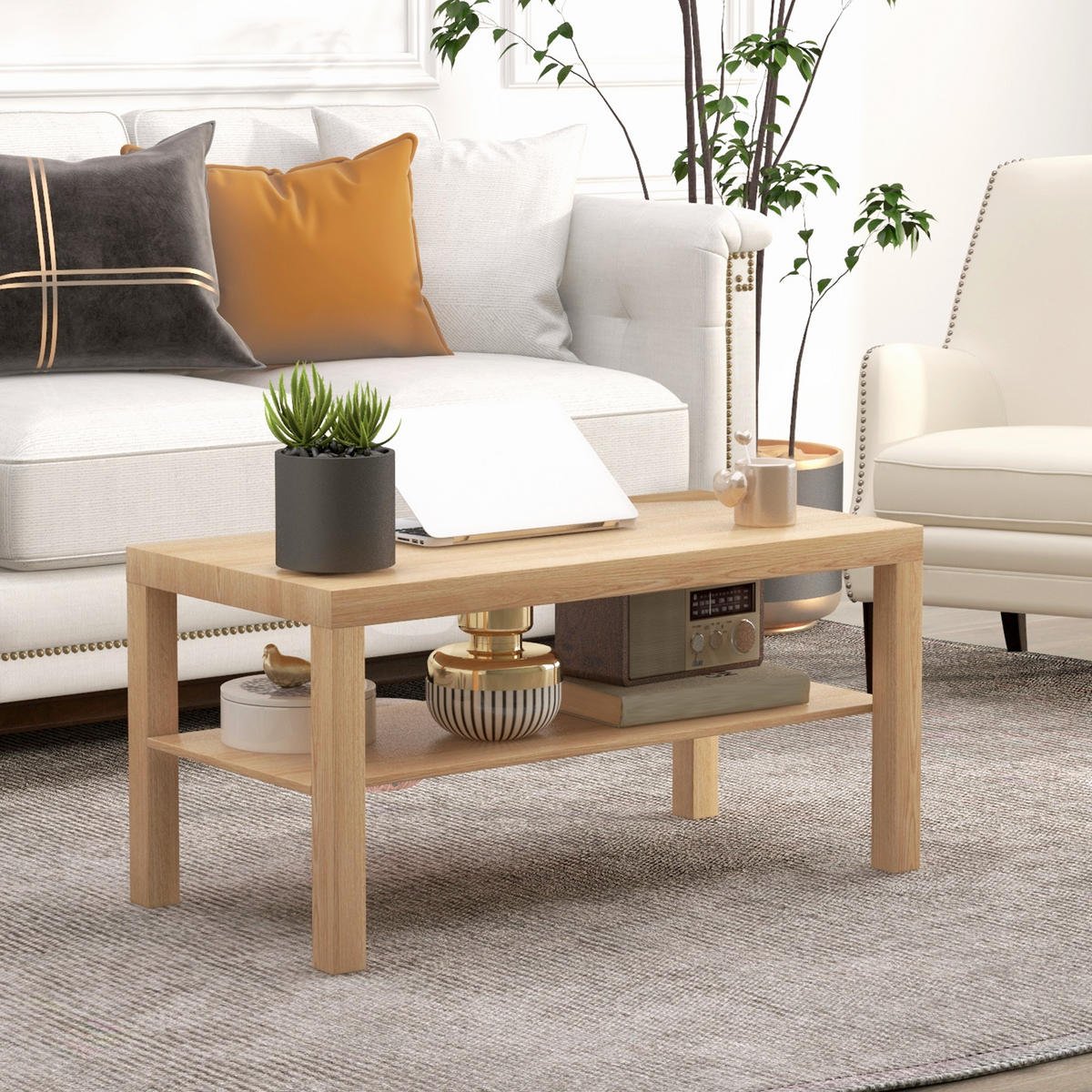 COUCHTISCH DE-15839 2 Ebenen Naturholz - Naturfarben, Holzwerkstoff (90/45/44.5cm) - ComfortXL