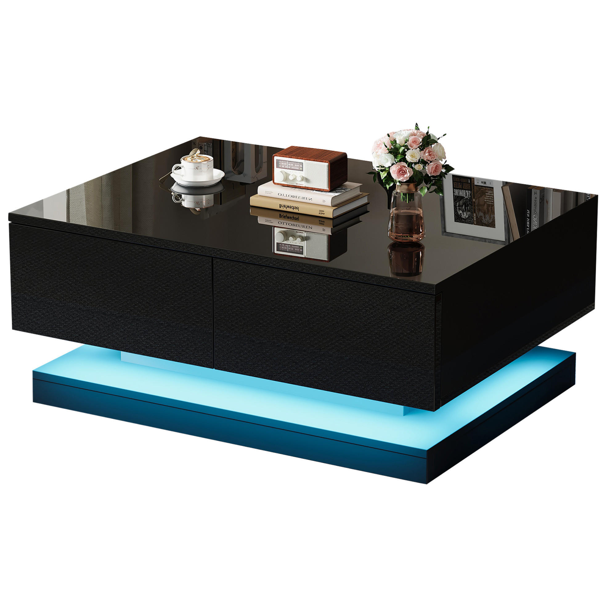 COUCHTISCH 90/50/38 cm schwarz mit 2 Schubladen und LED-Beleuchtung - Schwarz, Holzwerkstoff (90/50/38cm) - OKWISH