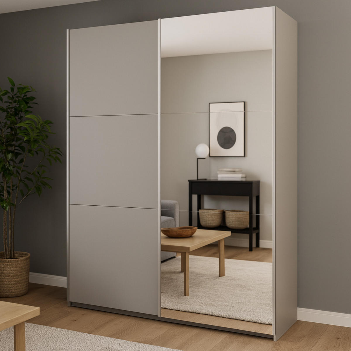 SCHWEBETÜRENSCHRANK Rossa mit 2 Türen und Spiegel, 200 cm, Platinfarben - Platinfarben, Holzwerkstoff (200/244/65cm) - Beautysofa