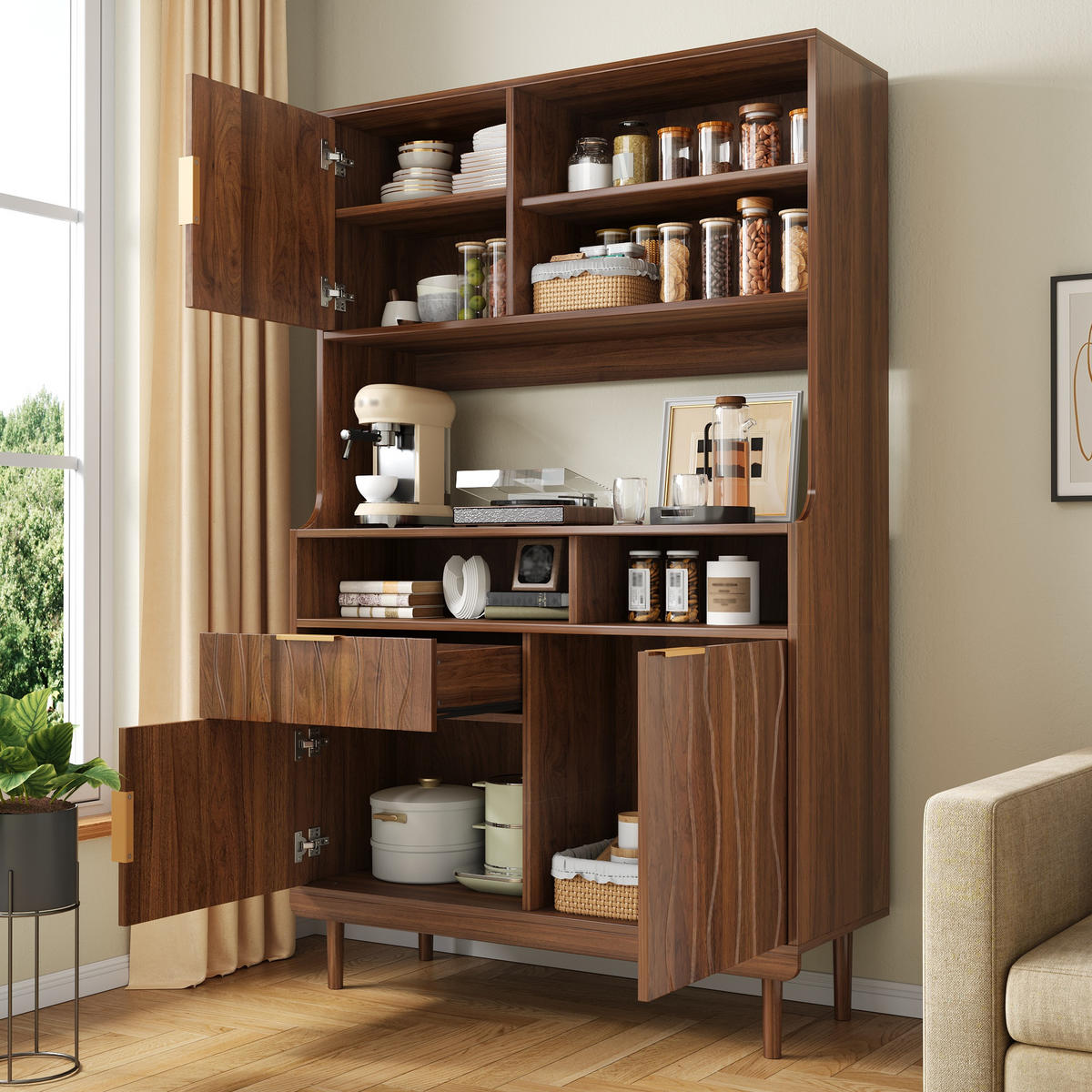 KÜCHENSCHRANK mit Türen, Schublade und offenen Regalen - Walnussfarben, Holzwerkstoff (100/170/32cm) - FLIEKS