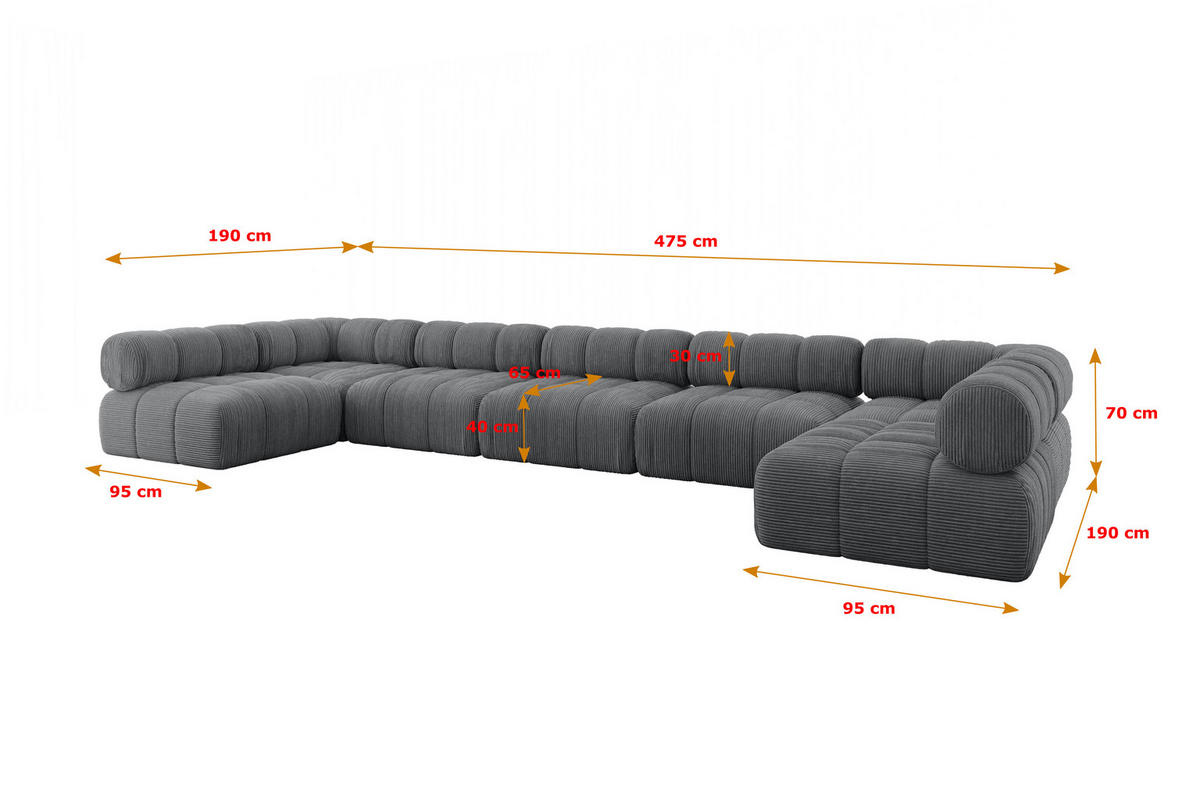WOHNLANDSCHAFT modulares Sofa Garvo-U3 - 475x190x70 cm Dunkelgrau Cord - Dunkelgrau, Holzwerkstoff/Textil (475/70/190cm) - ALTDECOR