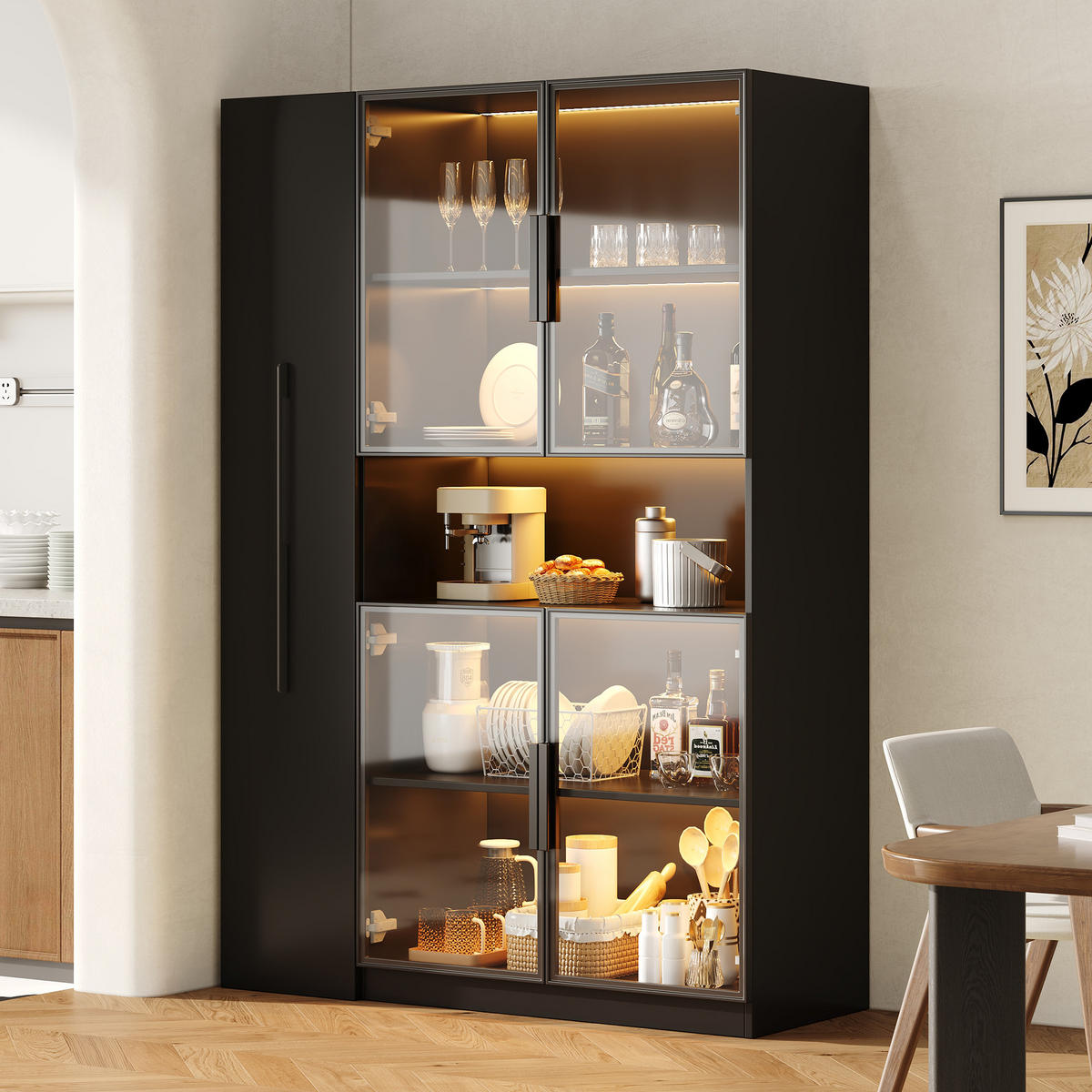 VITRINE 110cm Schwarz Glas LED Schubladen modern - Schwarz, Holzwerkstoff (110/160/35cm) - FLIEKS