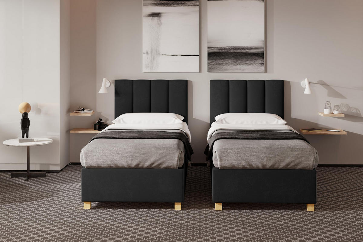 HOTELBETT EUROPA 90x200 cm, Mobil Bett auf Rollen & Koppelbar mit Bonell Matratze, 1 Stück, Schwarz - Schwarz, Holz/Buchenholz (90/200cm) - Trada