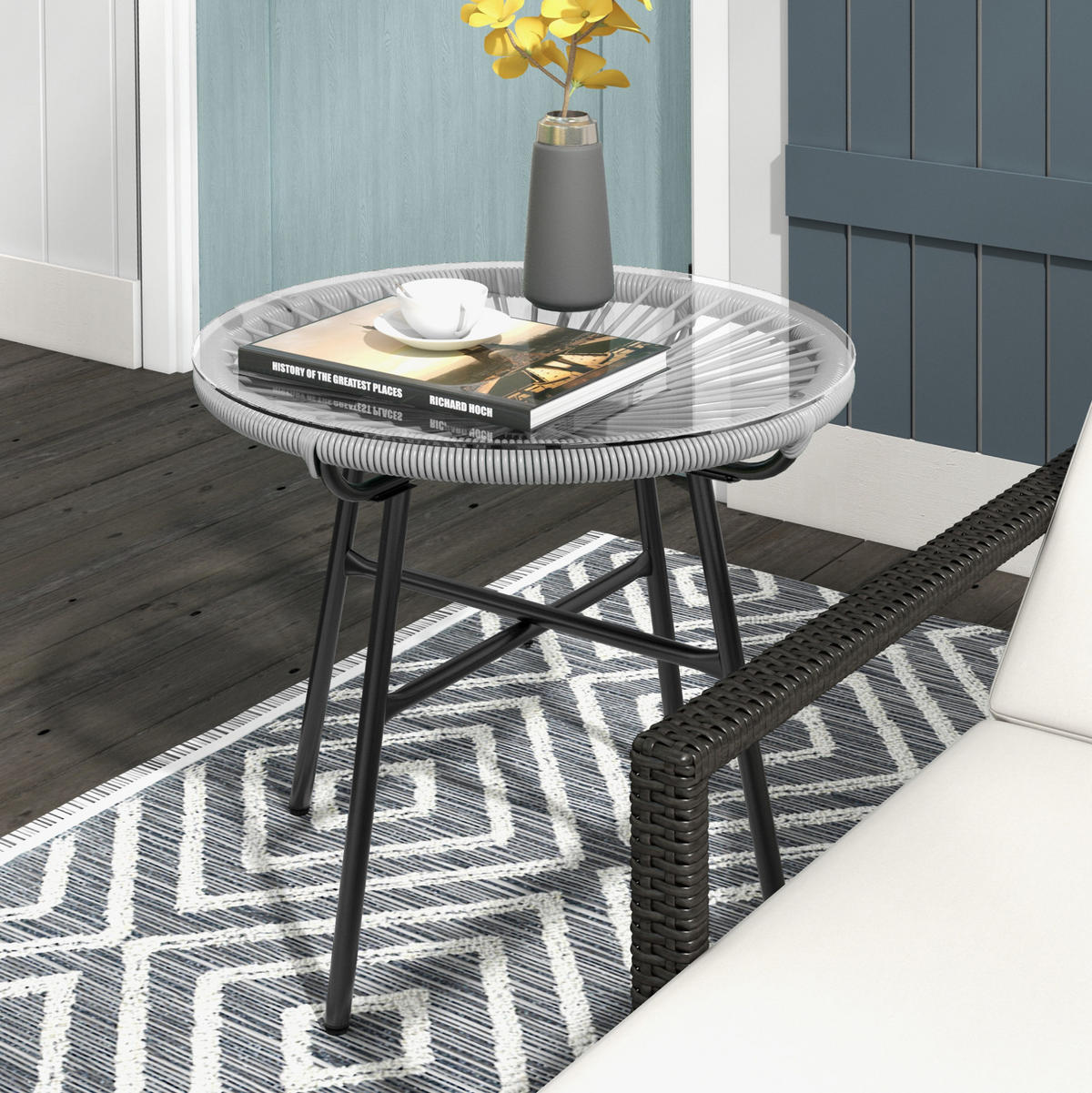 BEISTELLTISCH 50/50/50 cm grau aus Metall mit Glasplatte und PE-Rattan - Grau, Metall (50/50/50cm) - OKWISH