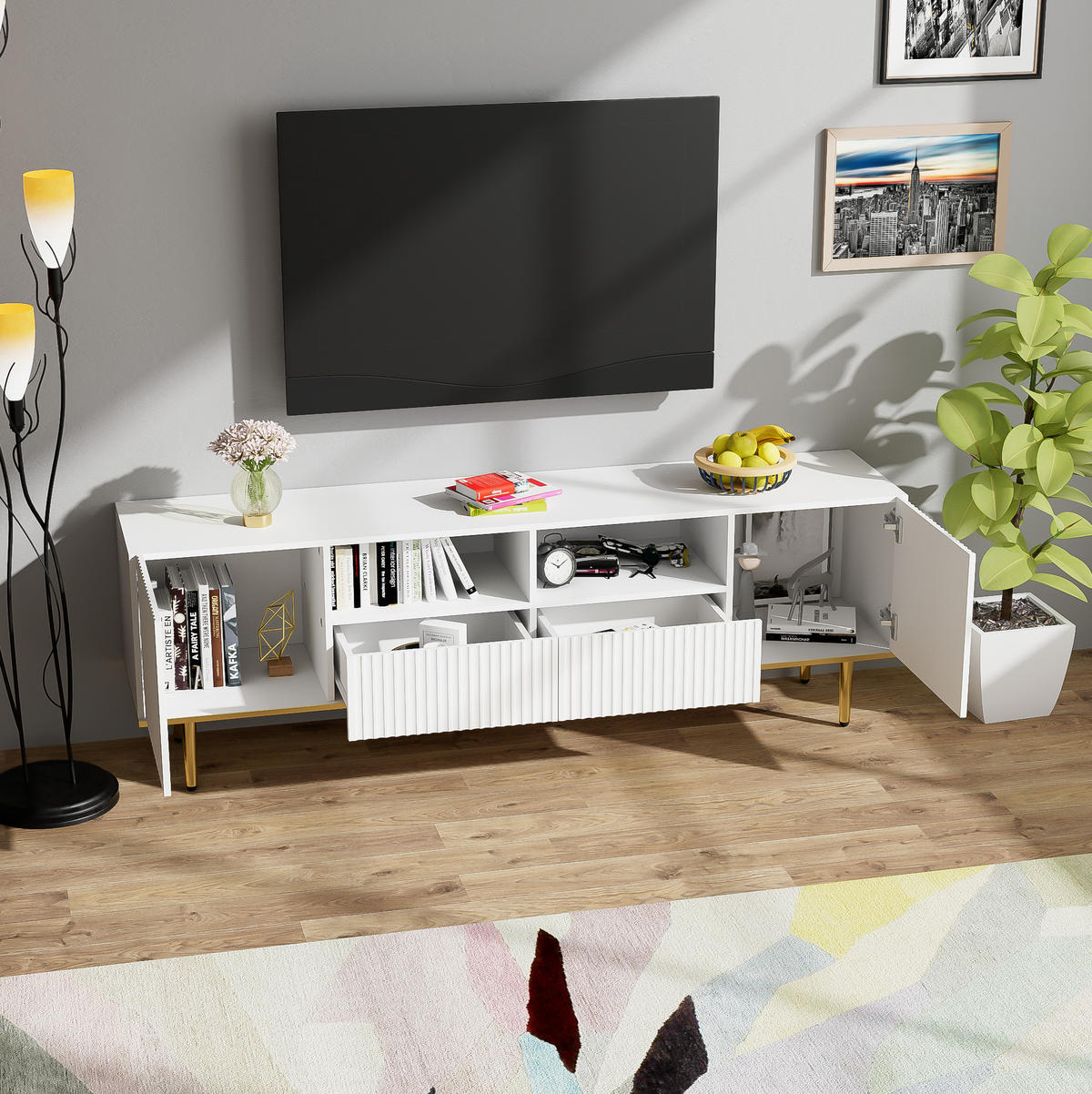 TV-SCHRANK in Weiß mit goldenen Akzenten und 2 Schubladen 165/36/55 cm - Weiß, Holzwerkstoff (165/55/36cm) - Redom