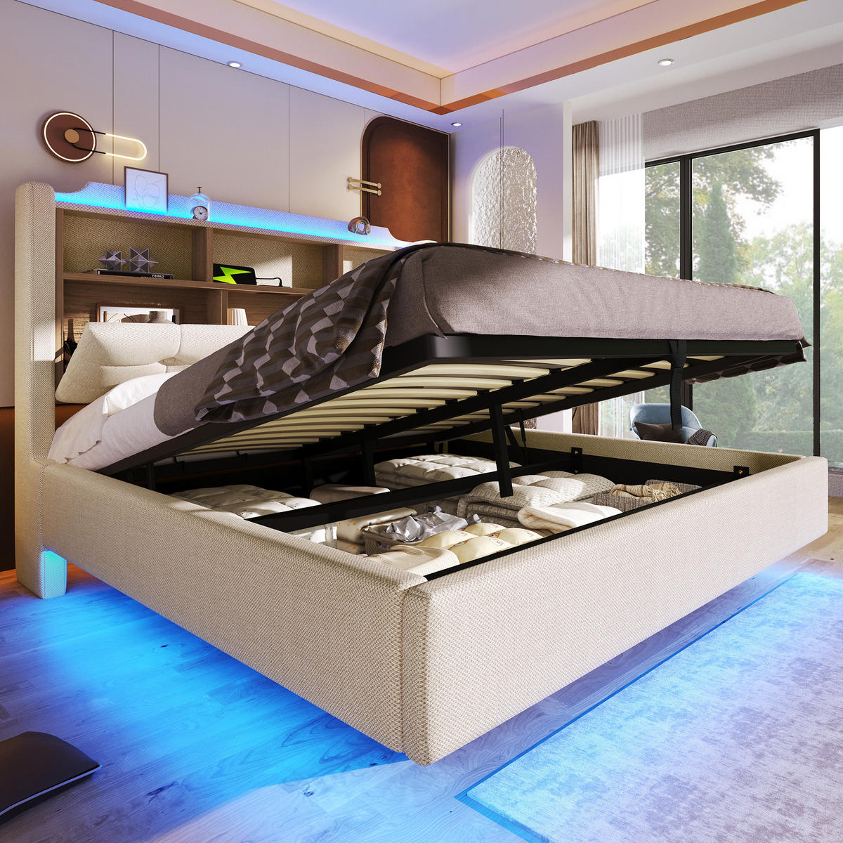 POLSTERBETT 140/200 cm Beige mit LED-Beleuchtung und hydraulischem Stauraum - Beige, Textil (140/200cm) - OKWISH