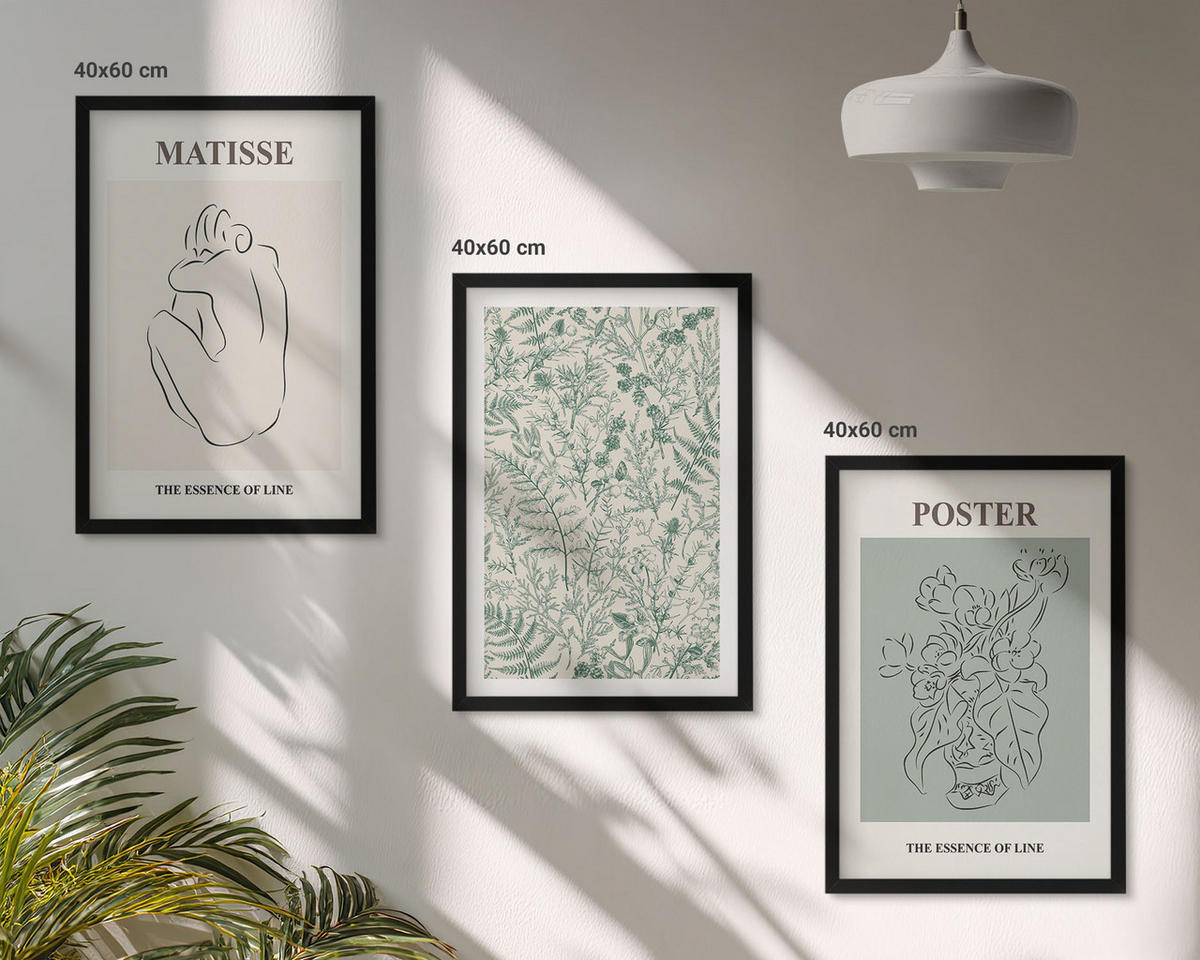 WANDBILDER 3er-Set - 40x60 cm Schwarzer Rahmen - Linien, Pflanzenmuster, Minimalismus - Schwarz, Kunststoff (40/60cm) - ArtPrintCave