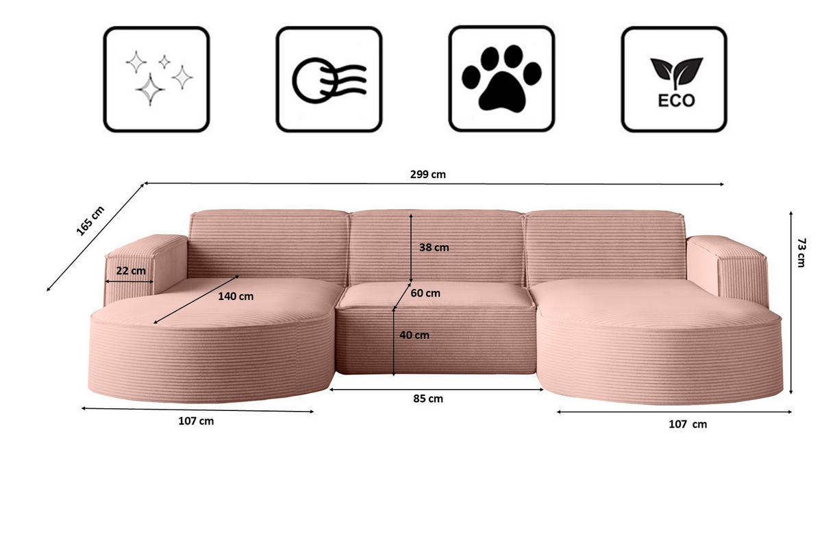ECKSOFA Designer MODENA U STUDIO Stoff Dicker Cord Rosa - Rosa, Holz (165/299cm) - Kaiser Möbel