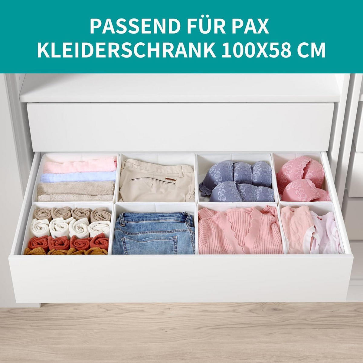 SCHUBLADEN Organizer 8er Set für PAX Kleiderschrank 100x58 cm Weiß - Multicolor, Textil (24/11/26cm)