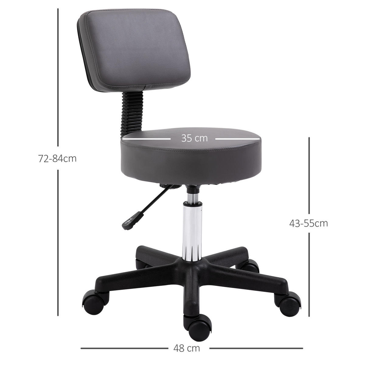 ROLLHOCKER Höhenverstellbarer Arbeitshocker mit Lehne, Grau Ø35 x 72-84 cm - Grau, Kunststoff (35/84/35cm) - HOMCOM