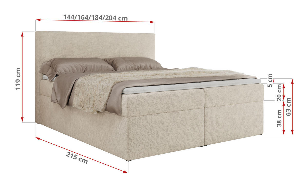 BOXBETT JAGUAR 180/200 - Hellbeige Struktur - H3 - Creme, Holz/Textil (180/200cm) - MKS