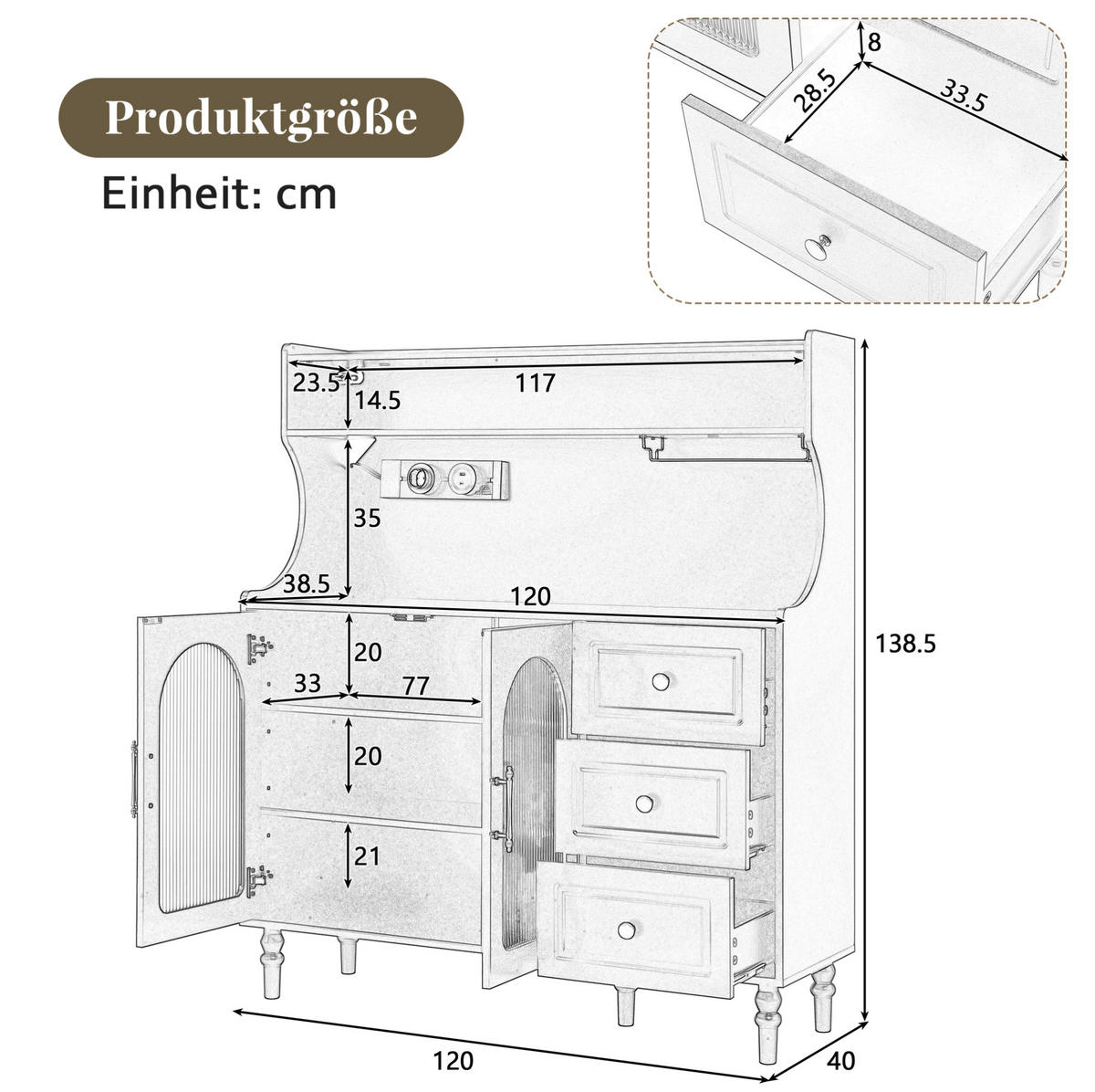 BUFFET 120/40/138,5 cm schwarz aus MDF mit Steckdose - Schwarz, Holzwerkstoff (120/138.5/40cm) - OKWISH