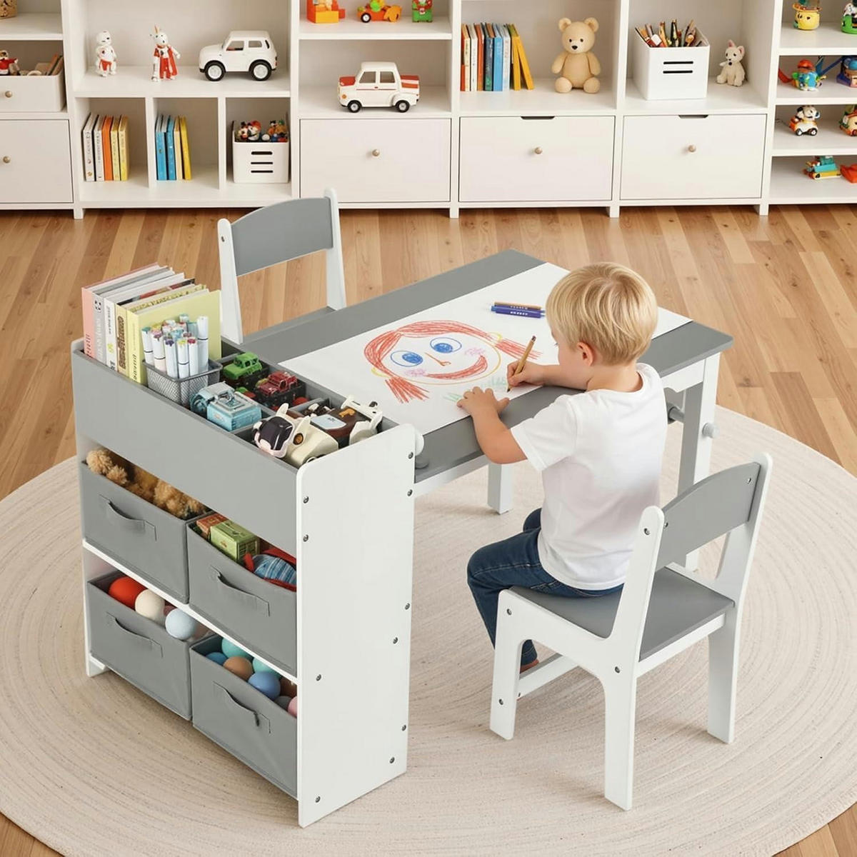 KINDERTISCH mit 2 Stühlen Set Grau Weiß - Weiß, Holzwerkstoff (53/64/102cm)
