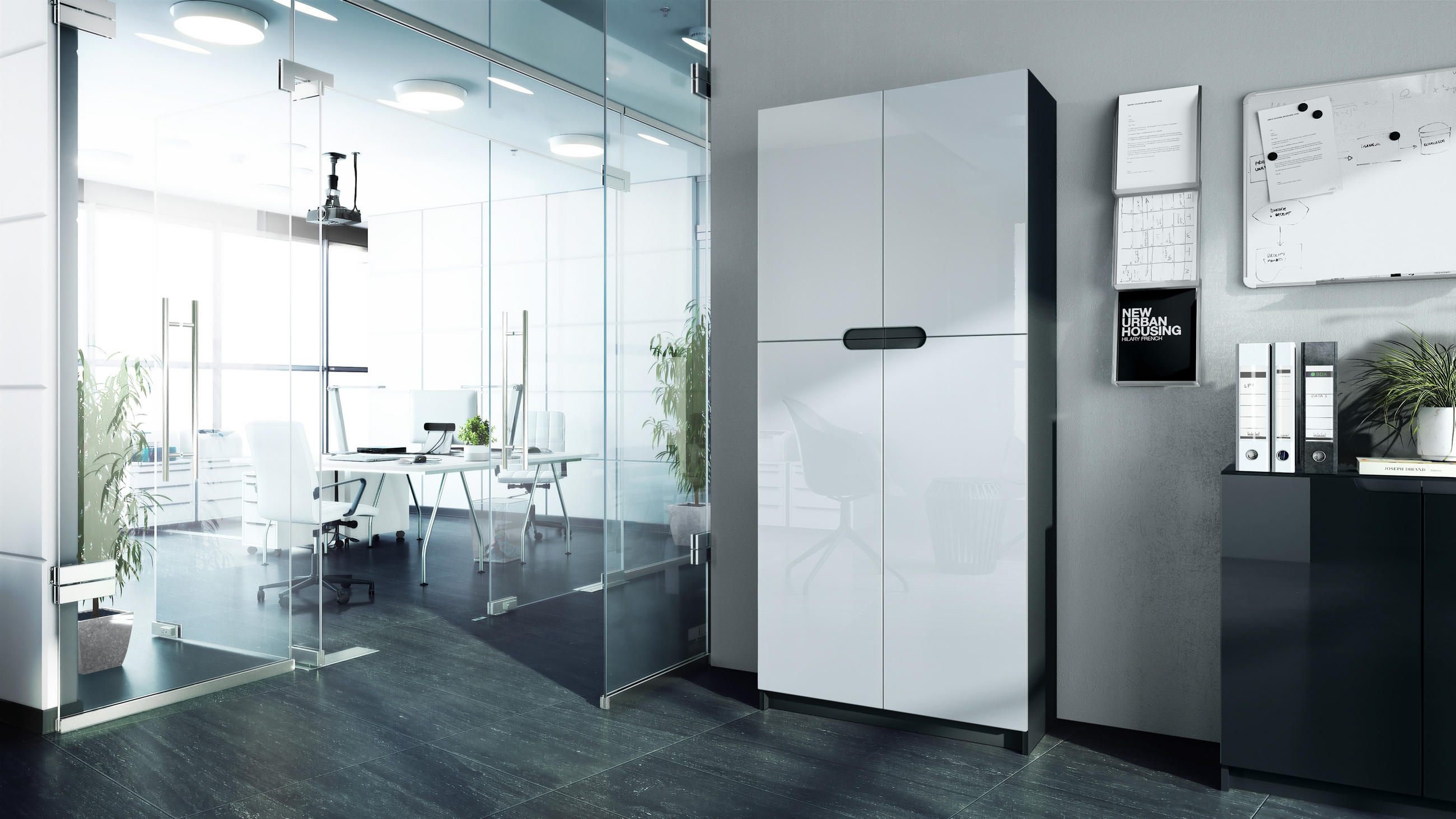 BÜROSCHRANK Logan Fronten in Weiß Hochglanz - Weiß Hochglanz, Holzwerkstoff (82/185/37cm) - Vladon