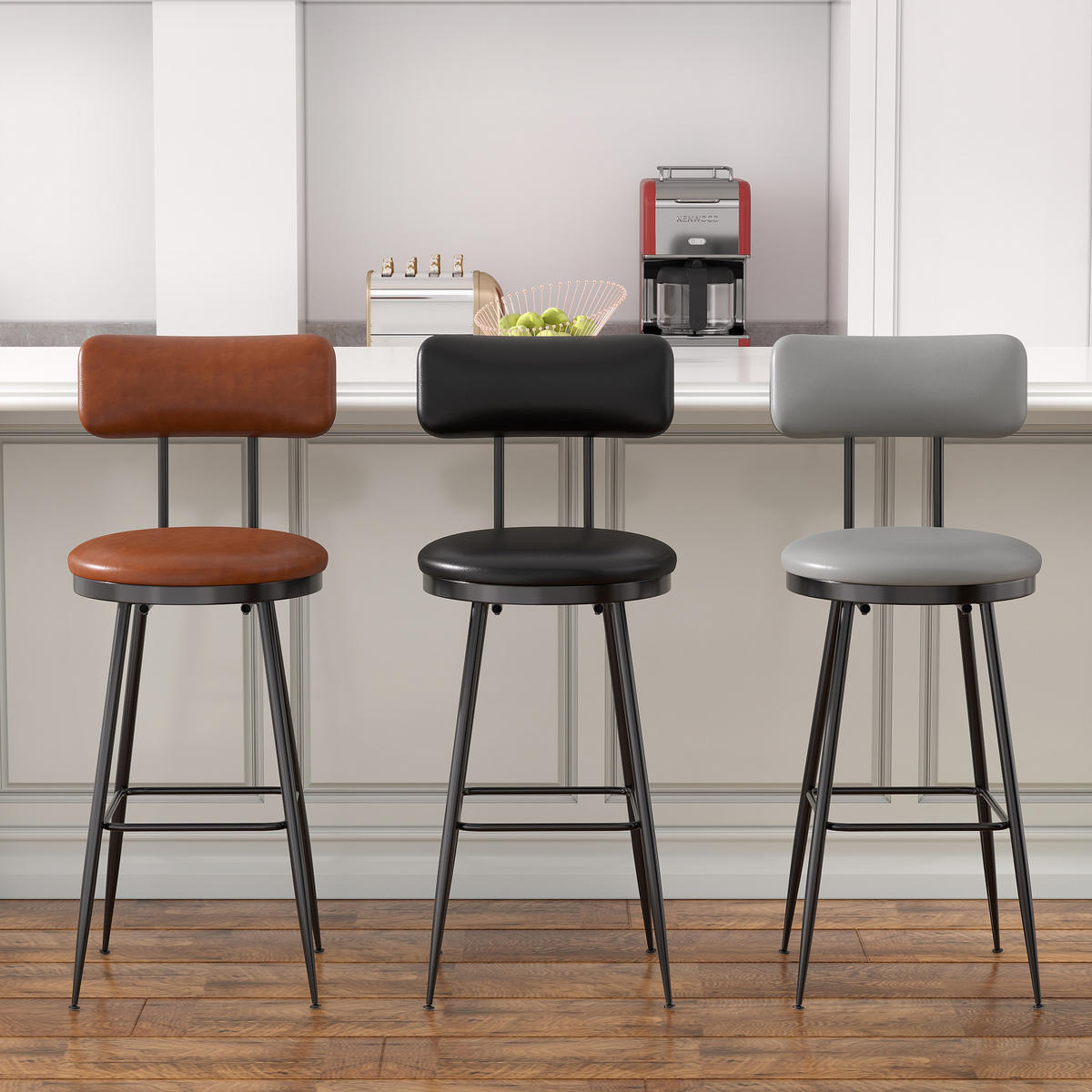 BARHOCKER 4er Set Metallgestell Kunstleder Rückenlehne Fußstütze 65 cm braun - Braun, Holz (38/85.5/38cm) - LEBENLANG