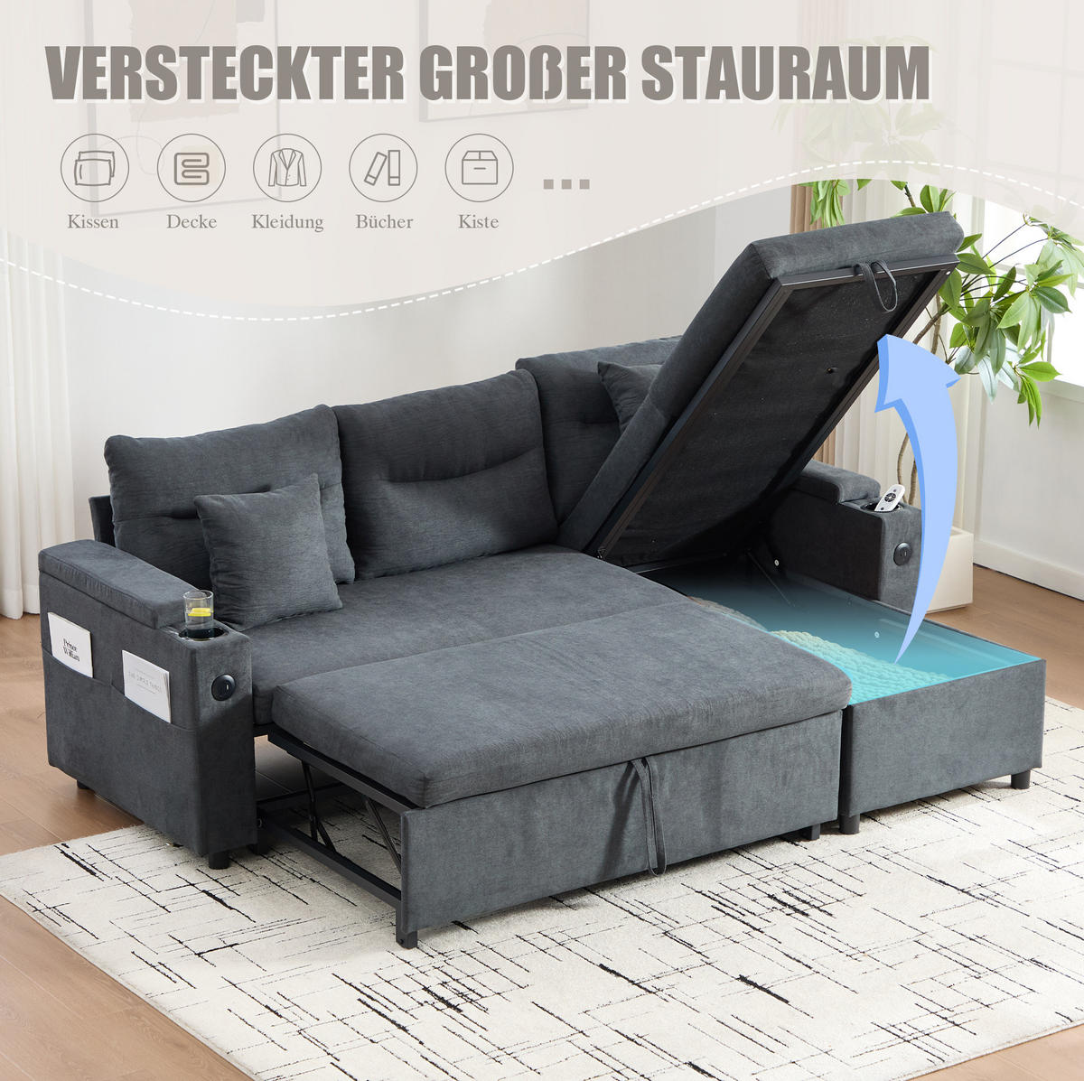 ECKSCHLAFSOFA 3-Sitzer Leinen mit USB-Anschluss und Stauraum Dunkelgrau 212,5/136/86 cm - Dunkelgrau, Textil (136/212.5cm) - Redom