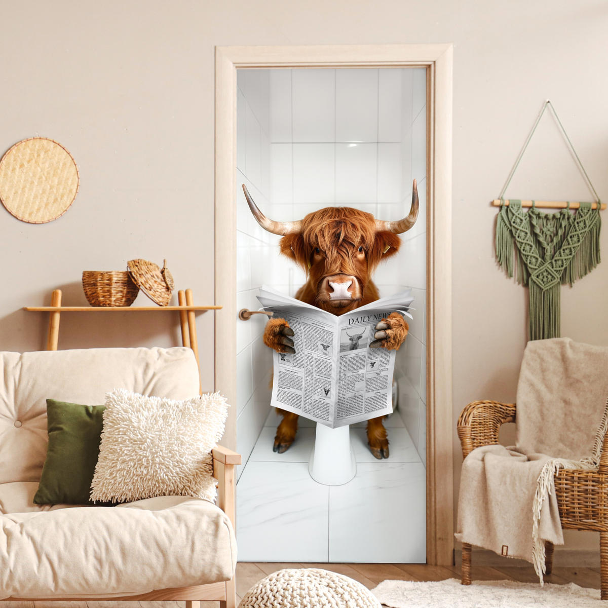 TÜRAUFKLEBER Scottish Highlander - Zeitung - WC - Tier 80x215 cm - Türtapete - Weiß, Kunststoff (80/0.1cm) - MuchoWow