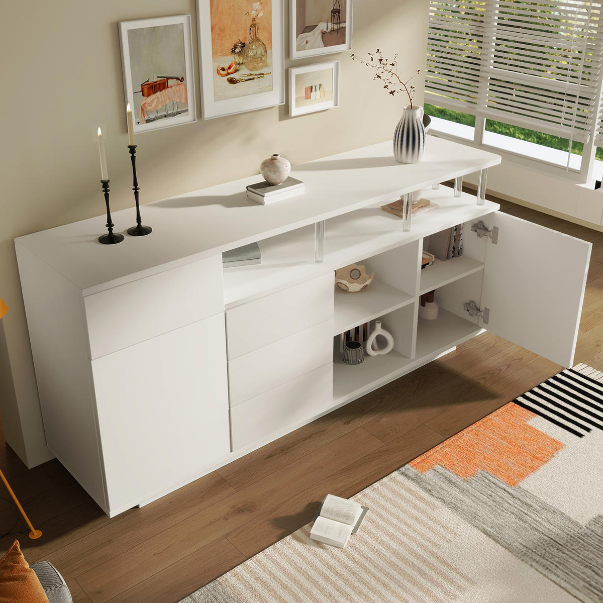 SIDEBOARD 160x40x75 cm Weiß mit LED und 4 Schubladen - Weiß, Holz (160/75/40cm) - FLIEKS