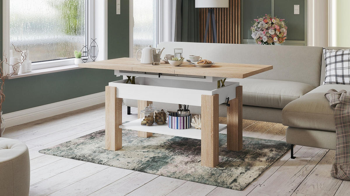 COUCHTISCH rechteckig Sonoma Eiche - Weiß ausziehbar höhenverstellbar - Weiß/Sonoma Eiche, Holzwerkstoff (68/110/59cm) - designimpex