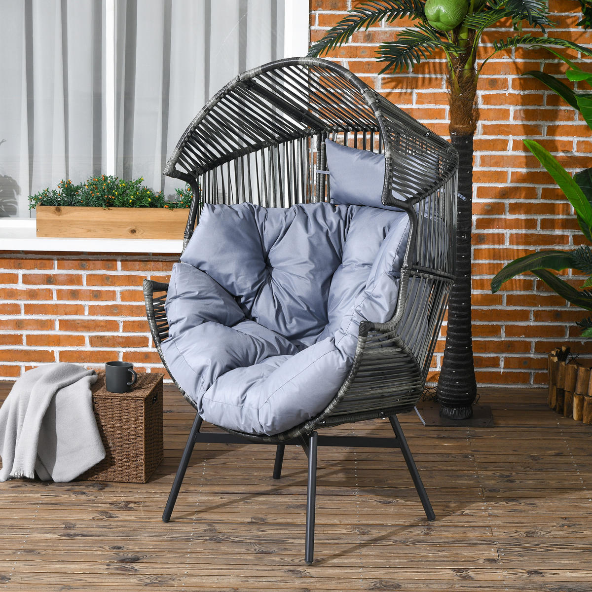 RATTANSESSEL DE-06721 Outdoor-Sessel, PE-Rattan, mit Kissen Grau/Schwarz - Grau, Kunststoff/Metall (75/143/89cm) - ComfortXL