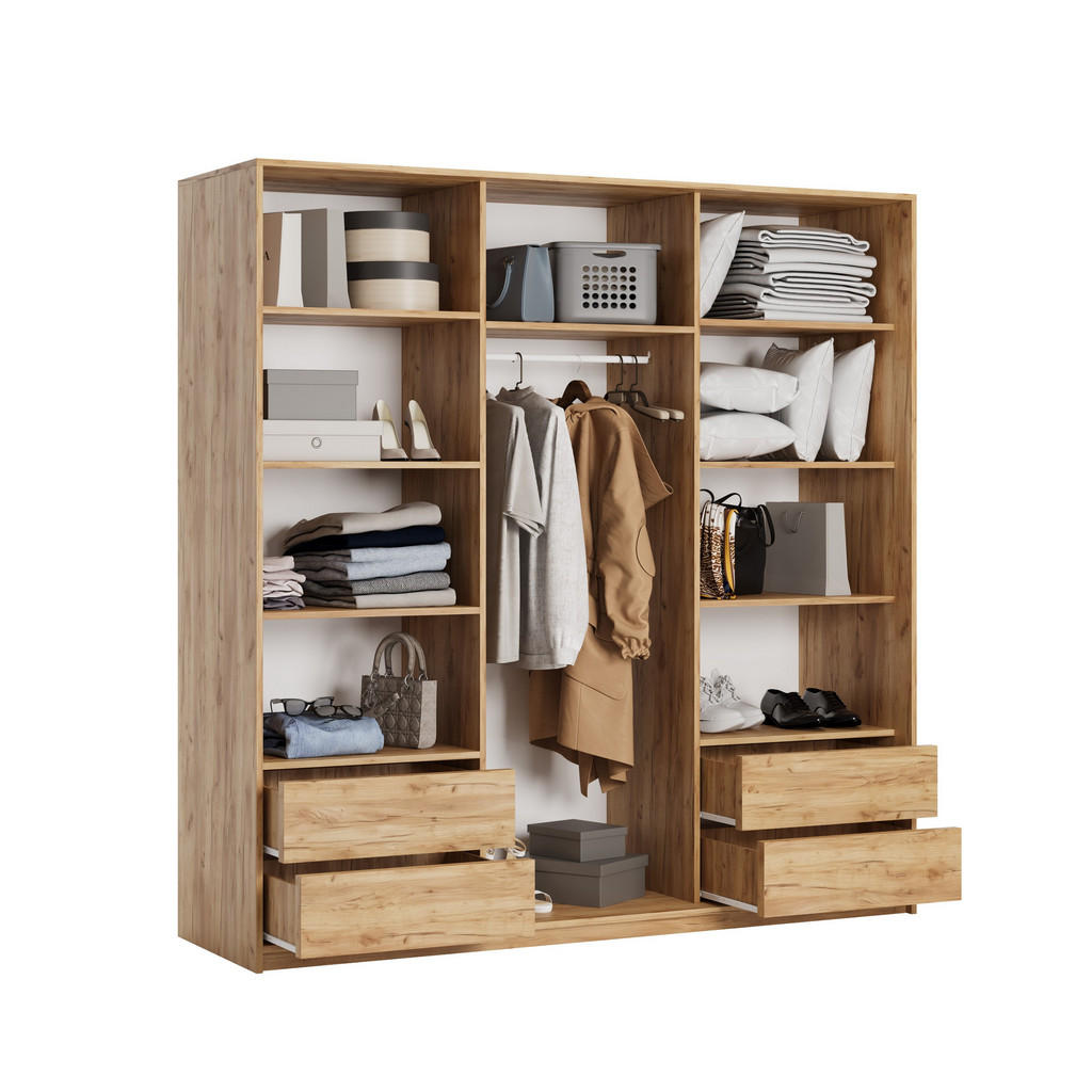 Thumbnail - Masseno Schwebetürenschrank, Orange, Schwarz, Holzwerkstoff, 9 Fächer, 4 Schubladen, Rechteckig, 180x205x60 cm, Schlafzi...