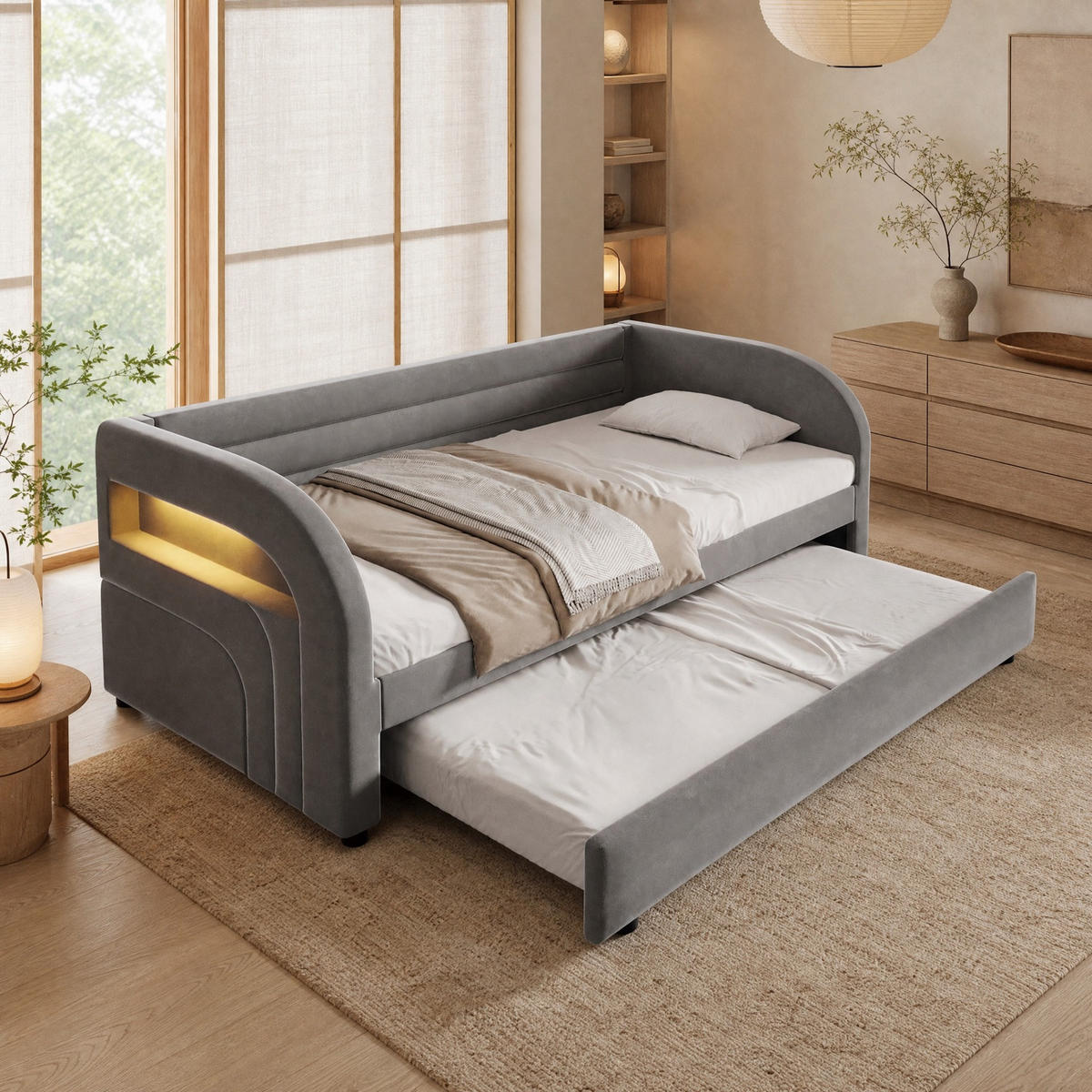 BETT 90/200 cm in Grau mit LED-Beleuchtung und Bett - Grau, Textil (90/200cm) - Flora Grace