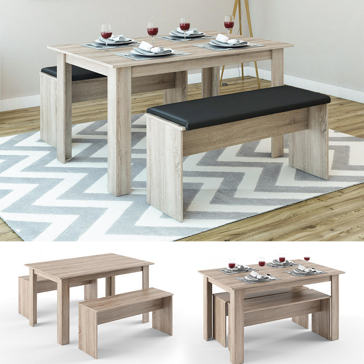 ESSTISCH SET Sentio Sonoma 90 x 140 cm mit 2 Bänken - Sonoma Eiche, Holzwerkstoff (140/76/90cm) - Vicco