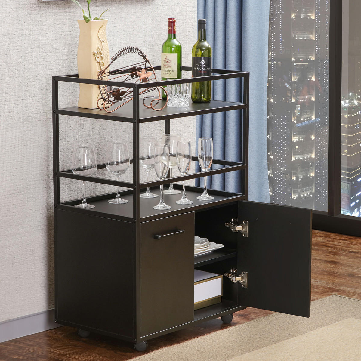 ROLLSIDEBOARD 2 Türen, 2 Ablagen und 4 Rollen B60 cm – MOSAIK - Schwarz, Holzwerkstoff (40/94/46cm) - Calicosy