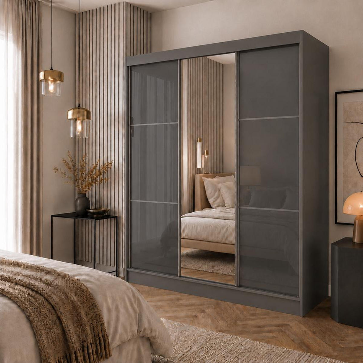 SCHWEBETÜRENSCHRANK Viva 180/216/61 Graphit mit Lacobel-Glas - Graphitfarben, Holzwerkstoff (180/216/61cm) - Beautysofa