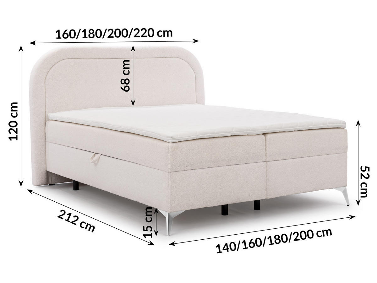 BOXBETT Sonna 160/200 cm Weiß Bouclé-Stoff mit abgerundetem Kopfteil und mit silbernen Metallfüßen - Silberfarben/Weiß, Holz/Textil (160/200cm) - S-Style Möbel