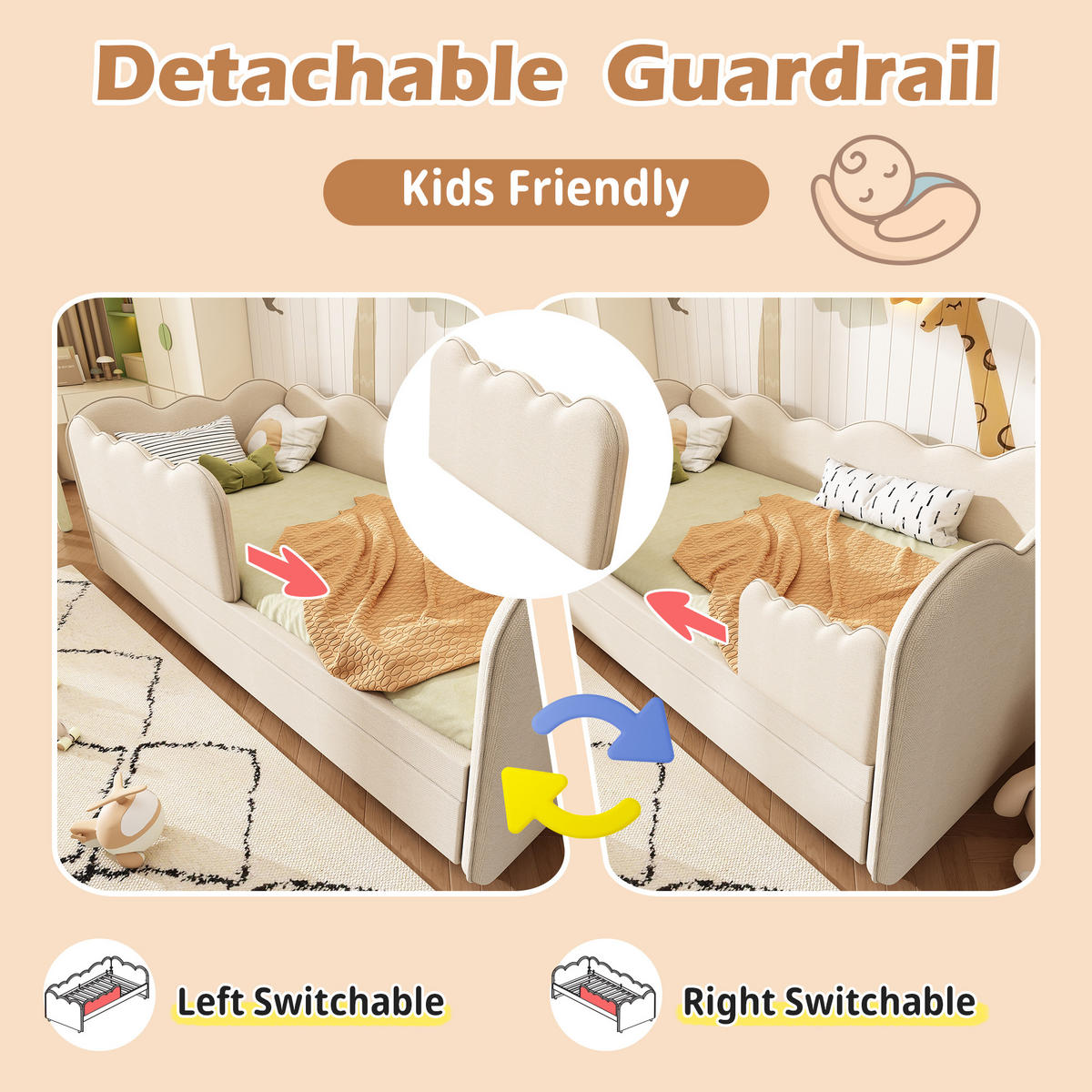 TAGESBETT 90x190 Beige Leinen Ausziehbett Schlafsofa - Beige, Naturmaterialien (90/190cm) - FLIEKS