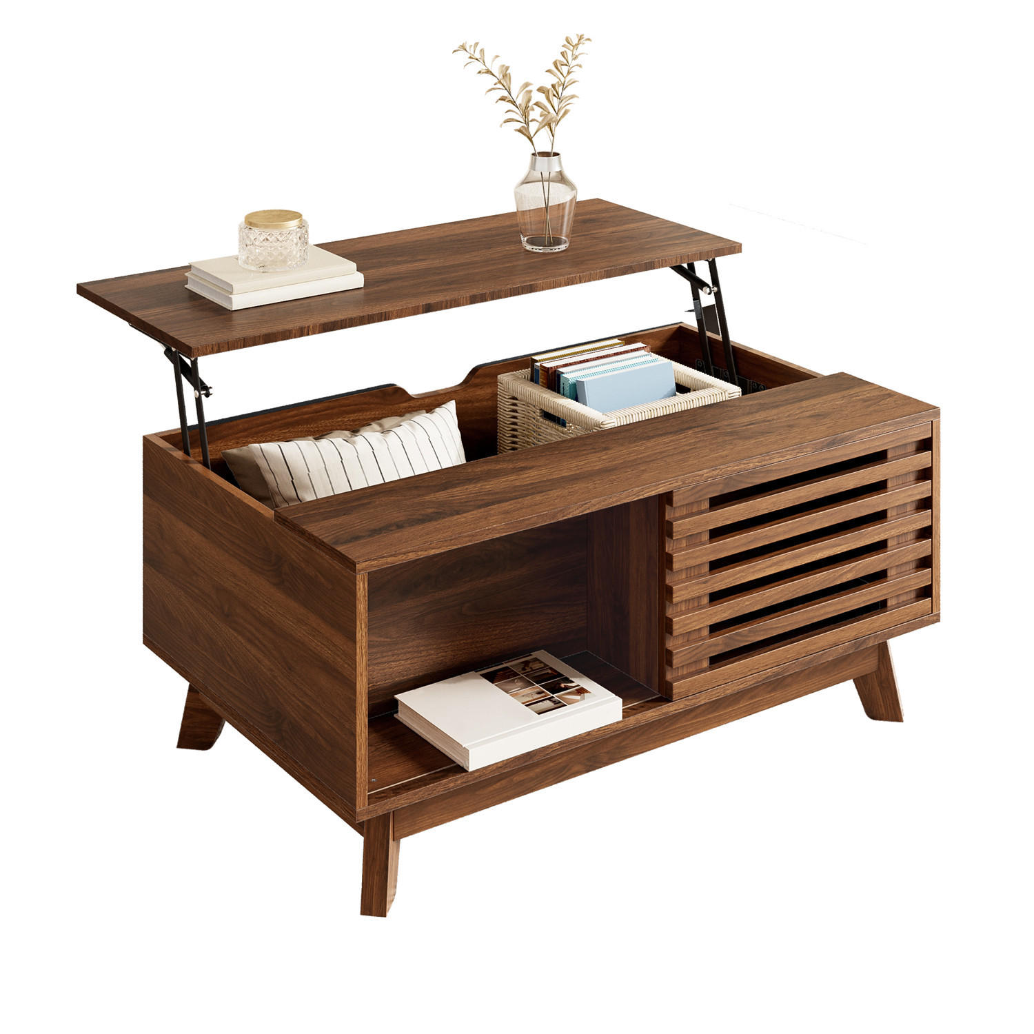 COUCHTISCH höhenverstellbar Jalousietür Walnuss MDF - Braun, Holz (90/55/57.5cm) - Kaket
