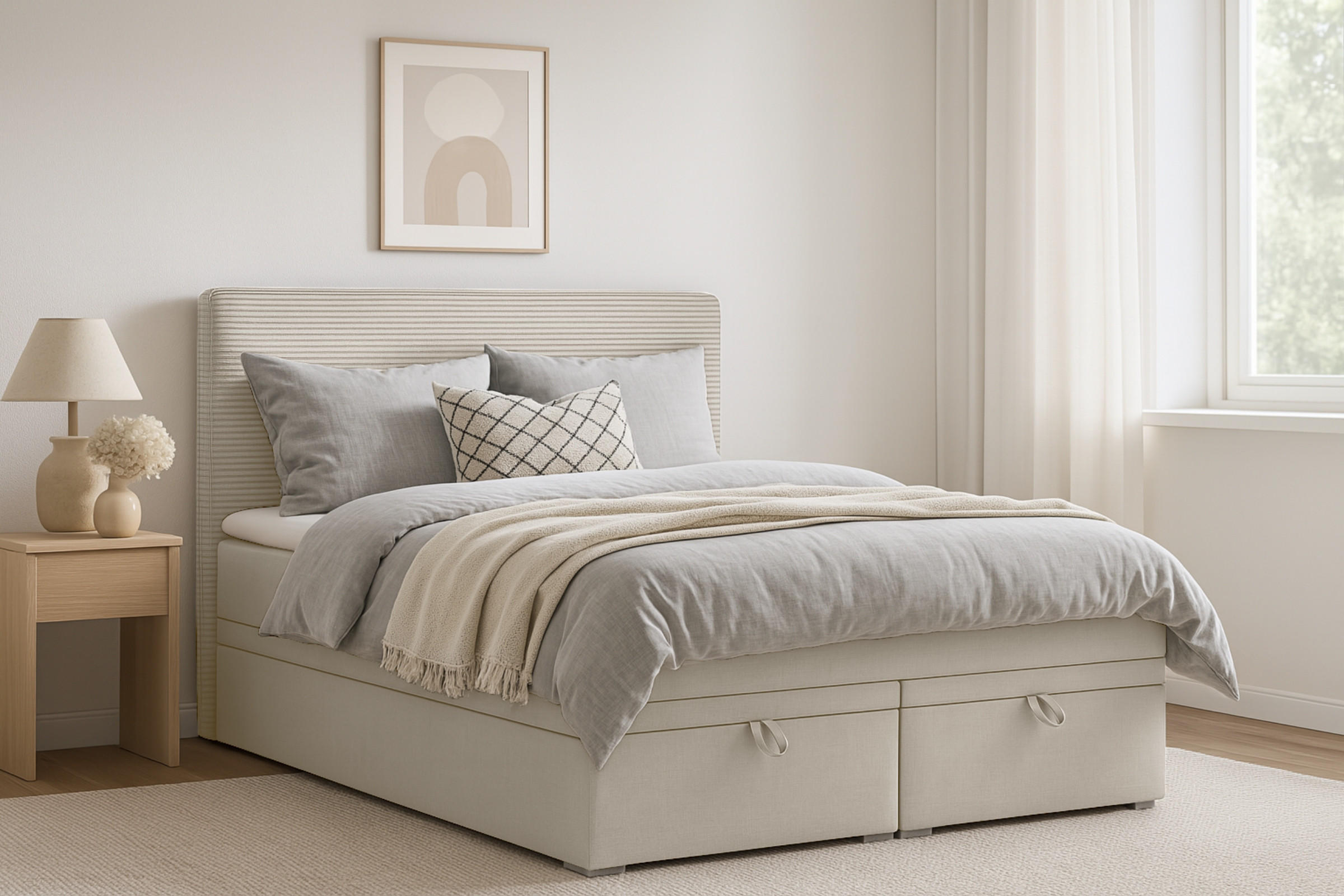 BOXBETT DARO 120/200 in Velour/Cord Creme - Creme, Holz/Holzwerkstoff (120/200cm) - Deine Möbel 24