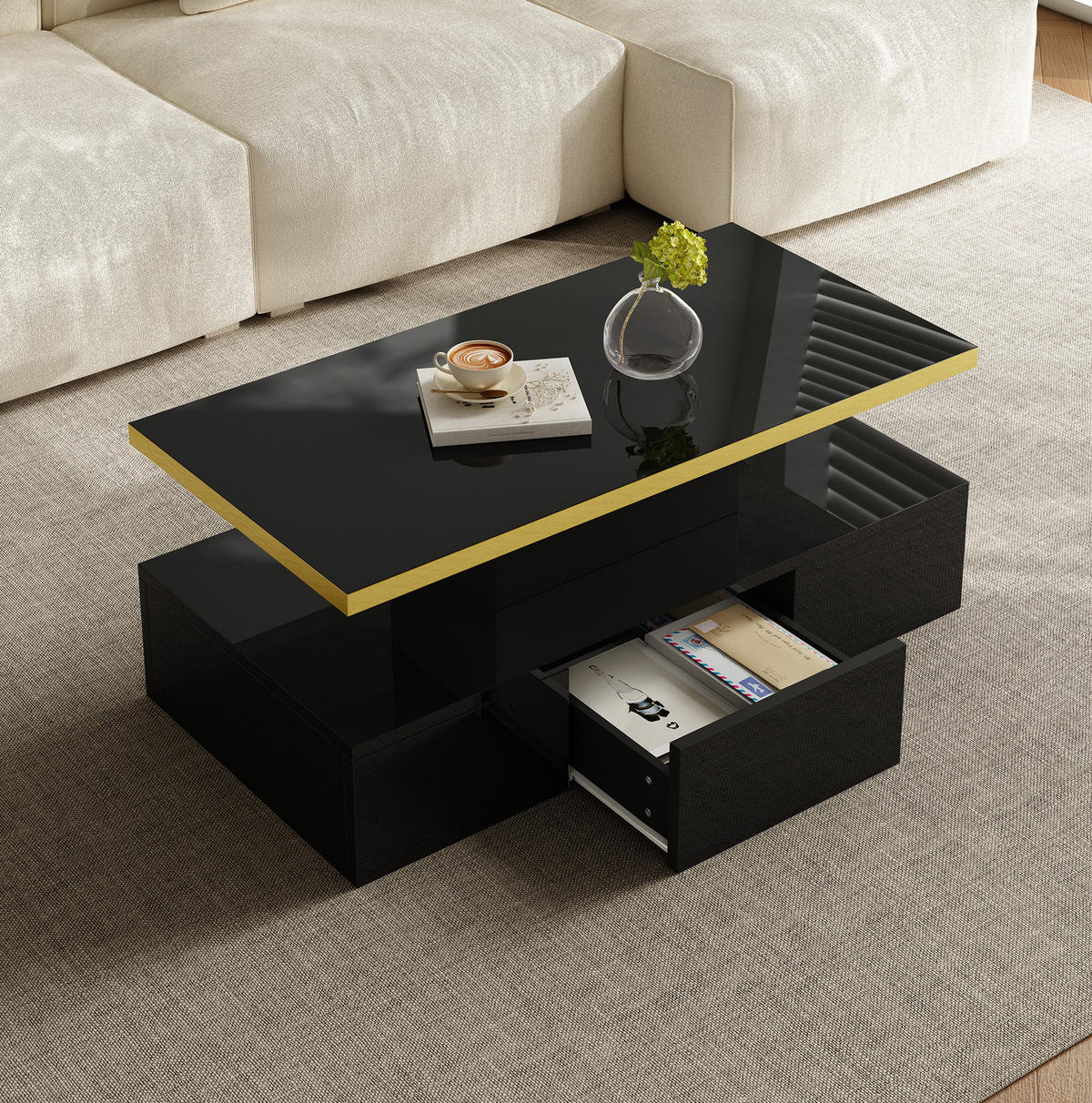 COUCHTISCH 100/50/39 cm in Schwarz Hochglanz mit Schublade und 2 Ablageebenen - Schwarz, Holzwerkstoff (100/50/39cm) - Flora Grace